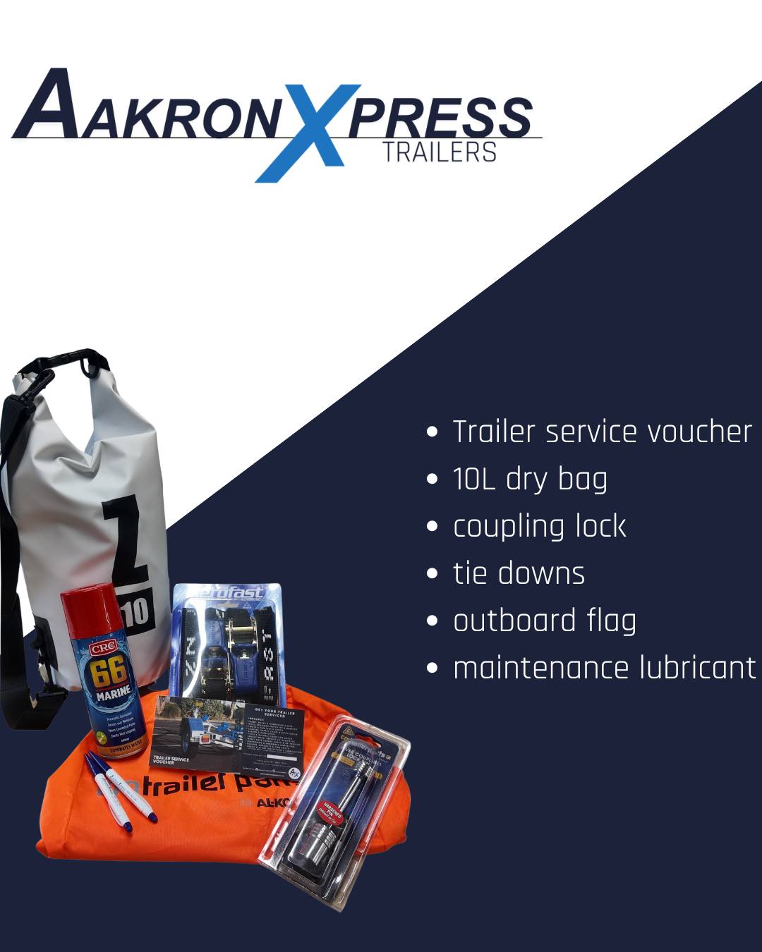 Buying a trailer at the Hutchwilco New Zealand Boat Show? We’ve got you sorted
Every trailer purchased during the show or until 31st May will receive a free goody bag packed with real value:
✔ Trailer service voucher (worth $145) (AKL ONLY)
✔ 10L dry bag
✔ Coupling lock
✔ Pair of tie downs
✔ Outboard flag
✔ Maintenance lubricant can
Total value: $336
Valid on all boat trailer purchases from 14–31 May, including purchases from Auckland and our nationwide dealer network.
If you’ve been thinking about upgrading your trailer, the Boat Show is the time to do it.
📍 Auckland Showgrounds
📅 14–17 May 2026
#HutchwilcoBoatShow #BoatShowNZ #BoatTrailerNZ #BoatTrailerDeals #NZBoating #FishingNZ #AucklandEvents #TrailerDeal #AakronXpress #KiwiBoating #BoatLifeNZ