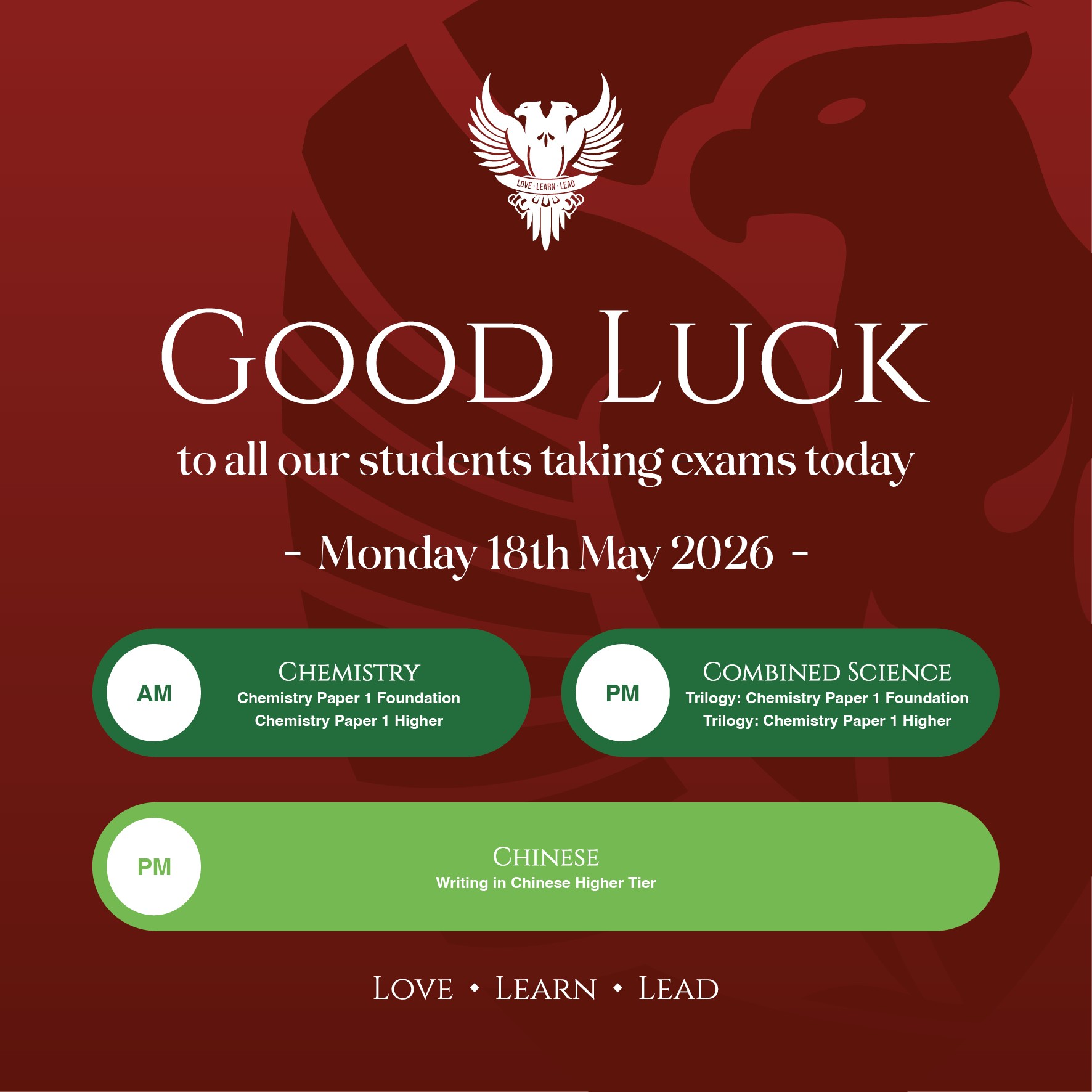 Good luck to all our Year 11 students today as you begin your second week of exams. Keep up the hard work!
#lovelearnlead #putstambrose1st #ChemistryGCSE #combinedsciencegcse #chinesegcse
