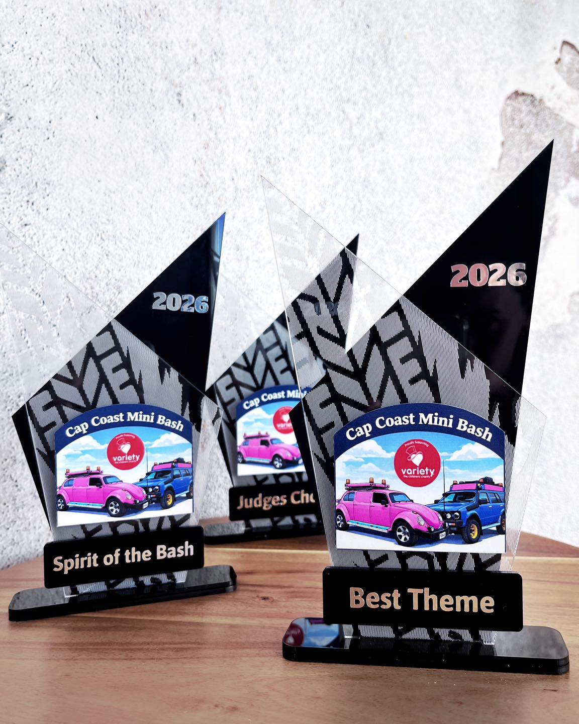 Custom trophies
Our team created & donated these awards for the locally run - Mini Bash.