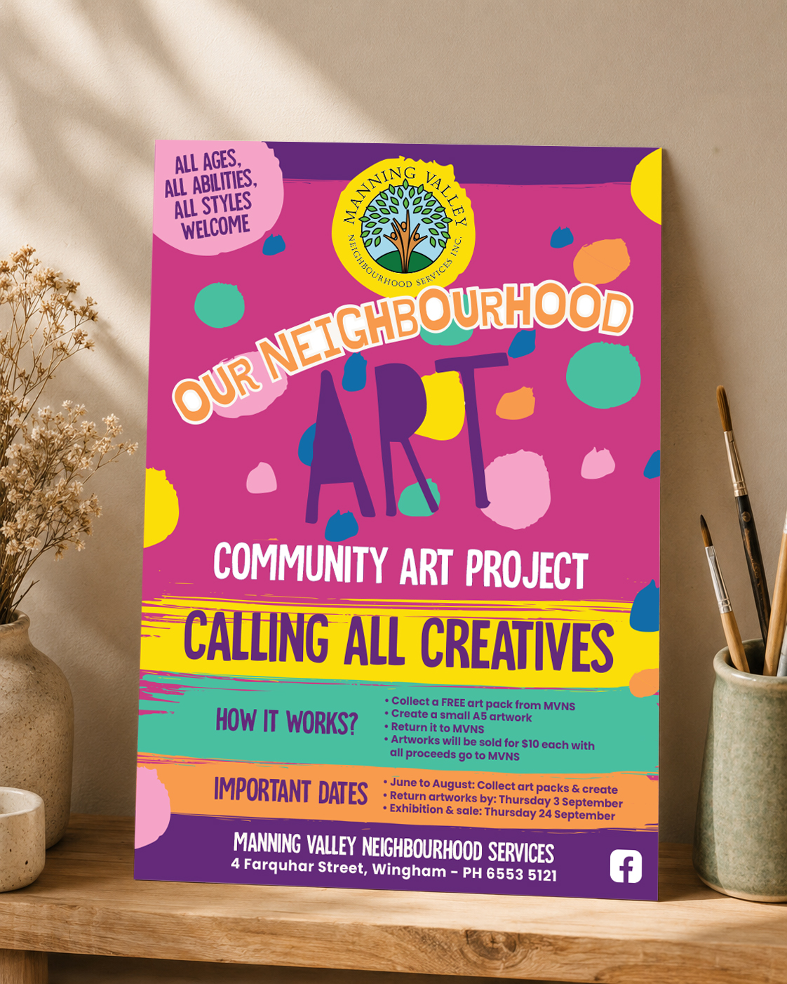 I'm proud to be involved in this year’s 'Our Neighbourhood Art' (ONA) project, creating the 2026 event collateral 🎨✨
ONA is such a beautiful community initiative by Manning Valley Neighbourhood Services, bringing local creatives together while raising funds to support vulnerable members of our community.
Local artists of ALL ages and abilities are invited to take part by creating an A5 artwork to be exhibited and sold for just $10 at the ONA community exhibition on 24 September 2026.
Whether you’re a professional artist, emerging creative or someone who simply loves to make art, this is your chance to get involved, connect with the community and contribute to something really special.
🎨 Art packs available now
📍 Collect from Manning Valley Neighbourhood Services
Old Courthouse Building, 4 Farquhar Street, Wingham
Huge thanks to the team at MVNS for having me involved in this year’s project, I can’t wait to see the creativity that comes to life this winter!
#OurNeighbourhoodArt #ONA2026 #ManningValley #CommunityArt #SupportLocal