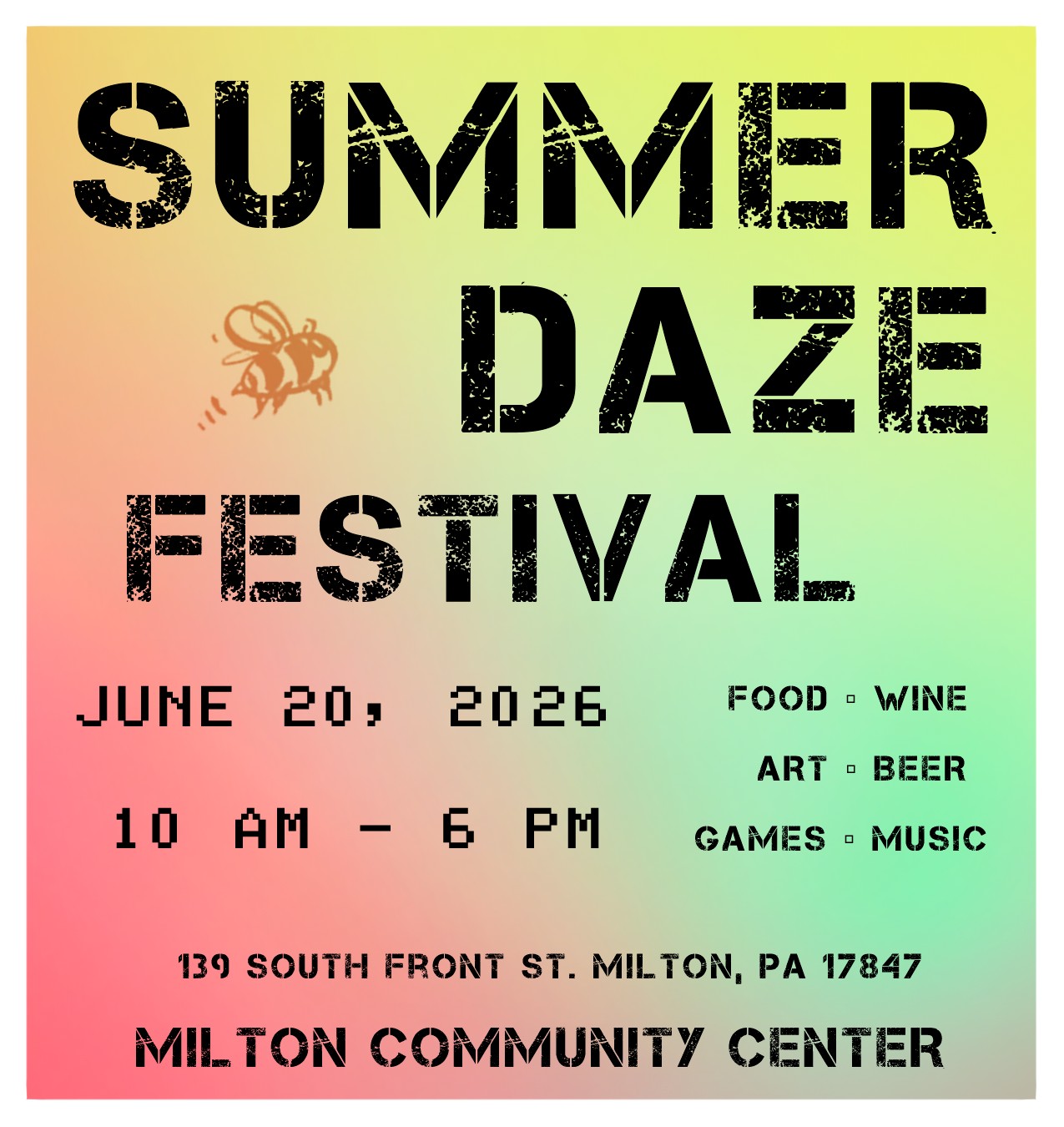 ☀️🎉 ONLY 2 WEEKS UNTIL SUMMER DAZE! 🎉☀️
Summer Daze is almost here, and we can’t wait to celebrate with you! In just TWO WEEKS, Downtown Milton and the Milton Community Center will be filled with live music, local vendors, delicious food, family fun, and community spirit! 🐝🌼
Join us on Saturday, June 20, 2026, from 10 AM – 6 PM for a full day of:
🎶 Live Entertainment
🛍️ Shopping Local Vendors & Artists
🍔 Food & Drinks
🍺 Beer & Wine
🎨 Art & Activities
🎯 Games & Fun for the Whole Family
Whether you’re spending the day with friends, bringing the kids out for fun activities, or just looking for a great way to kick off summer, Summer Daze has something for everyone! 💛
📍 Milton Community Center
139 South Front St., Milton, PA 17847
The countdown is on — make plans now to join us for one of Milton’s biggest summer celebrations! ☀️
#SummerDazeMilton #MiltonPA #DowntownMilton #FamilyFunPA #SupportLocalPA #SummerFestival #ThingsToDoInPA #LiveMusicPA #ShopLocalPA #CommunityFestival #FestivalSeason