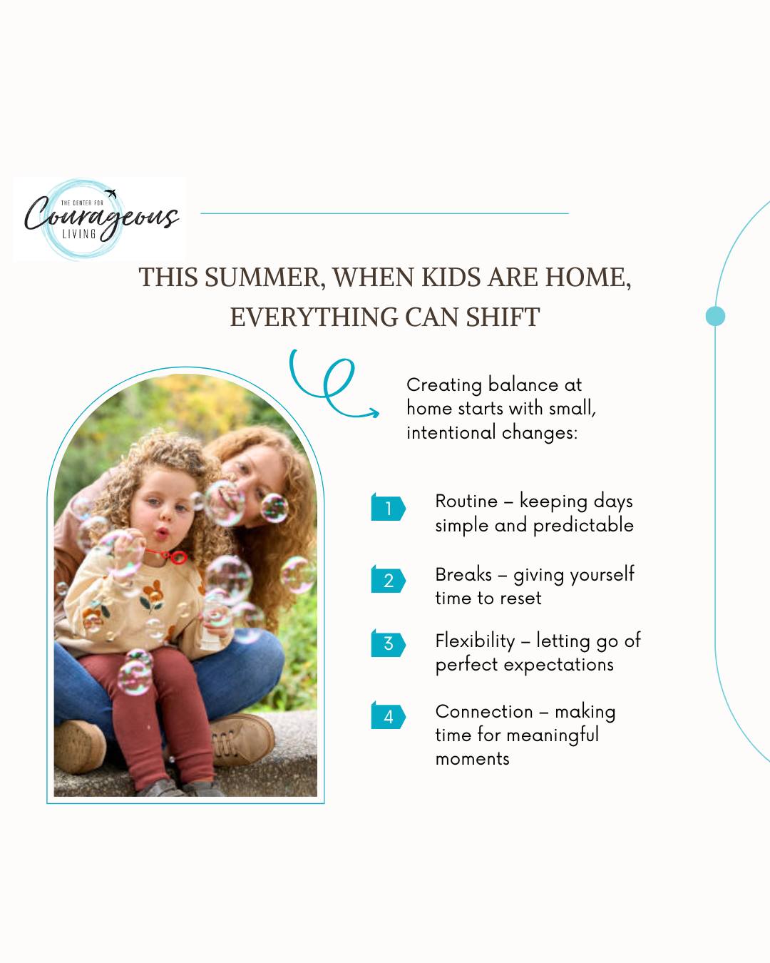 When the kids are home, everything can shift. ☀️
Summer brings more time together—but it can also bring more stress, less structure, and bigger emotions for everyone in the family.
The good news? Small, intentional changes can make a big difference.
Creating simple routines, giving yourself space to reset, and focusing on connection over perfection can help bring more balance into your home.
And if your family is feeling overwhelmed or stuck in patterns that are hard to break, you don’t have to navigate it alone. We’re here to help support you and your family every step of the way. 🤍
📞 815-707-4806
📧 gia@centerforcourage.com
🌐 centerforcourage.com
#TheCenterForCourageousLiving #ParentingTips #SummerParenting #FamilySupport #HealthyFamilies #ParentingStruggles #MentalHealthMatters #CrystalLakeIL #McHenryCounty #LocalSupport