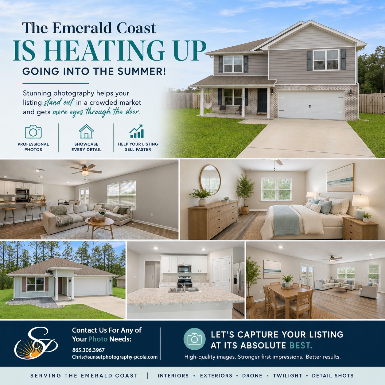 ☀️ The Emerald Coast real estate market is heating up going into the summer season! 🏡🌴
From Pensacola Beach to 30A, buyers are searching, listings are moving, and first impressions matter more than ever. In today’s market, professional real estate photography can be the difference between a quick scroll and a scheduled showing.
Bright interiors, stunning aerials, coastal lifestyle imagery, and clean listing photos help your properties stand out in a competitive market and attract more eyes online.
Summer is one of the busiest seasons on the Emerald Coast; now is the time to showcase your listings at their absolute best.
📸 Professional Real Estate Photography
🚁 Drone Photography & Video
🌅 Virtual Twilight
🏠 Interior & Exterior Coverage
🌊 Serving the Emerald Coast of Florida
Let’s make your next listing stand out this summer.
#EmeraldCoast #PensacolaRealEstate #FloridaRealEstate #RealEstatePhotography #PensacolaBeach #NavarreBeach #GulfBreeze #DestinFlorida #30A #CoastalLiving #RealEstateMarketing #DronePhotography #ListingPhotos #FloridaHomes #EmeraldCoastLiving