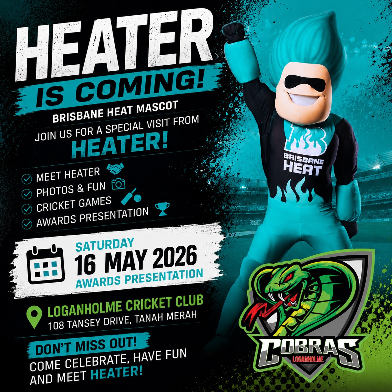 Guess who's lobbing in to Loganholme Cricket Club for our Awards Presentation this Saturday - None other than Brisbane Heat mascot HEATER!!!! 🔥🔥🔥
🎫 Got your tickets yet? If not, then you'd better hurry because time is running out!! Over 250 attendees already booked, this is going to be a massive!!!
A big thanks to @qldcricket for supporting Loganholme Cricket Club and GO THE MIGHTY COBRAS 🐍🐍🐍