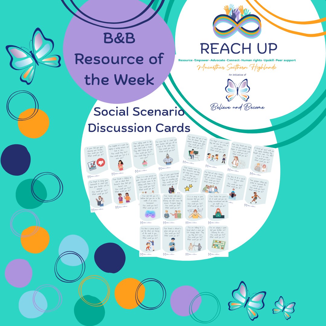 Did you know that we now have over 45 amazing resources available completely FREE on our webpage https://www.believeandbecome.com.au/resources?
Today we are featuring out Social Scenario Discussion Cards!
Targeting upper primary and high school students, these cards are suitable for young people of all neurotypes. Great for use by occupational therapists, psychologists, other allied health professionals and educators for practical activities to help people explore social situations, reflect on how they may make us feel, brainstorm responses and problem solve challenges. Check it out!
The development of our free resources has been supported by a Peer Support and Capacity Building Grant from the NDIS☺️🦋