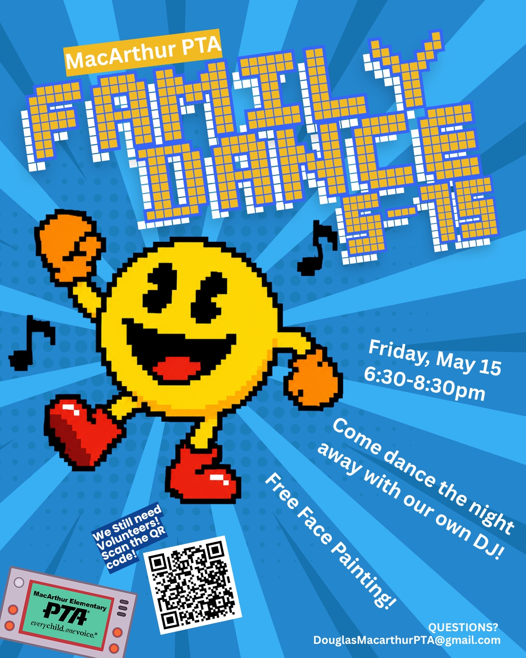 WAKA WAKA Your Way to the Dance Floor! The ghosts can wait — it’s time for our Eagles and families to power up for the ultimate PAC-MAN dance party night!
🎮 MacArthur PTA Family Dance
📅 Friday, May 15
⏰ 6:30–8:30 PM
📍 On Campus
🕺 Dance the night away with our very own DJ
🎨 FREE face painting
🙌 We’re still looking for volunteers to help make the night a success!
👉 Scan the QR code or use the link in bio to sign up
High scores. Big moves. PAC vibes only.
GAME ON, MacArthur! 🦅✨
#GameOnMacArthur #MacArthurPTA #FamilyDance #PacManParty #SchoolCommunity #EaglePride #FamilyFun #MacArthurElementary #LongBeachSchools