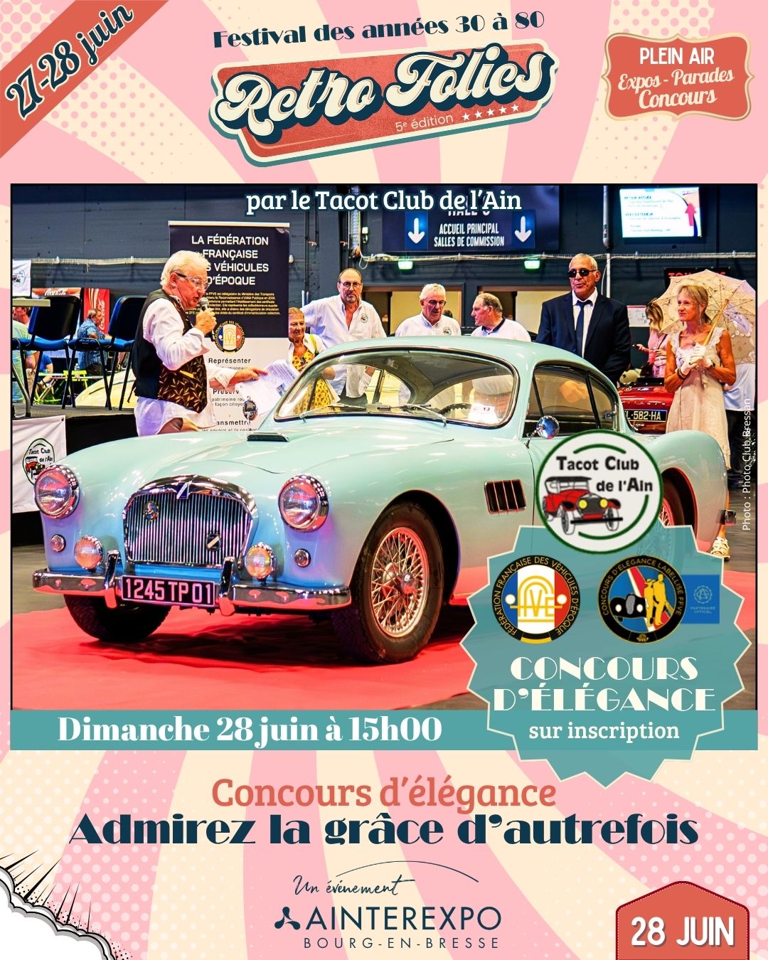 🚗✨ 𝐈𝐥 𝐲 𝐚 𝐝𝐞𝐬 𝐯𝐨𝐢𝐭𝐮𝐫𝐞𝐬 𝐪𝐮𝐢 𝐫𝐚𝐜𝐨𝐧𝐭𝐞𝐧𝐭 𝐛𝐢𝐞𝐧 𝐩𝐥𝐮𝐬 𝐪𝐮’𝐮𝐧𝐞 𝐞́𝐩𝐨𝐪𝐮𝐞…
Le temps d’un week-end, Retro Folies vous invite à ralentir le rythme et à retrouver le charme des belles années, celles où l’on prenait la route cheveux au vent, musique à la radio et sourire aux lèvres ❤️
Avec le concours d’élégance organisé par le @tacotclubain , les carrosseries brillent, les tenues d’époque refont surface et les souvenirs reprennent vie comme dans une scène de cinéma 🎬
Un moment hors du temps, où l’on vient autant admirer les voitures que revivre une certaine idée de l’élégance et de la fête.
📍 À vivre pleinement pendant les Retro Folies : Dimanche 28 juin à 15h
🎩 Concours d’élégance organisé par Le Tacot club de l’Ain
𝐏𝐫𝐞𝐧𝐞𝐳 𝐯𝐨𝐭𝐫𝐞 𝐛𝐢𝐥𝐥𝐞𝐭 ! Lien en bio ou sur https://ainterexpo.com/agenda/retro-folies
PhotoClubBressan01
#RetroFolies #TacotClubAin #ConcoursDElegance #VoituresAnciennes #VintageCars #RetroVibes #ClassicCars #BourgenBresse #Patrimoine #Nostalgie #FestivalVintage