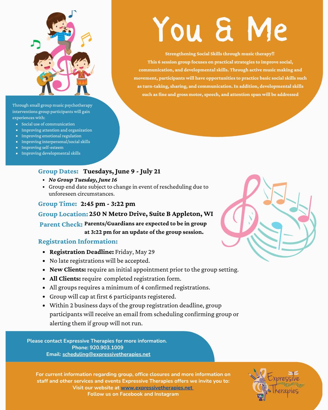 Summer Groups happening on TUESDAYS beginning on June 9th! See photos for flyers with more descriptions.
You & Me
You & Me is a 6-week music therapy group for ages 4-6. This group focuses on practical strategies to improve social communication and developmental skills. Through active music making and movement, participants will have opportunities to practice basic social skills such as turn-taking, sharing, and communication. Developmental skills such as fine and gross motor, speech, and attention will also be addressed in this group.
#expressivetherapiesllc #creativeartstherapygroup #summergroups