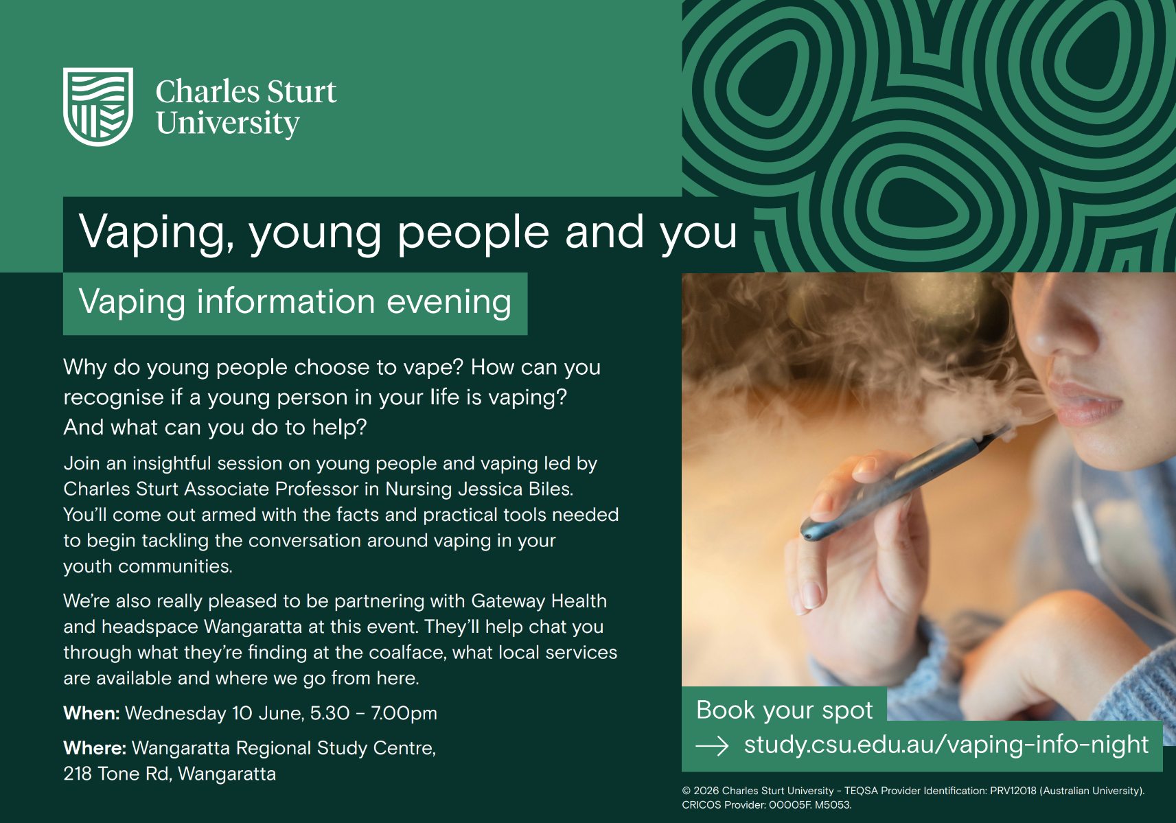 š Youth Vaping Info Event š
Want to better understand the impacts of vaping on young people? Join Charles Sturt University for an informative community session exploring youth vaping, current trends, health impacts, and ways to support young people in making informed choices.
š
Wednesday 10 June
ā° 5:30pm ā 7:00pm
This event is open to young people, parents, carers, educators, and community members interested in learning more about vaping and youth health.
Come along to gain valuable information, ask questions, and be part of the conversation.
Register:
https://docs.google.com/forms/d/e/1FAIpQLSdkUlJOskpi7wyZneRgldZVIUhTtpt81o7sKKrxbQA_SItj4g/viewform