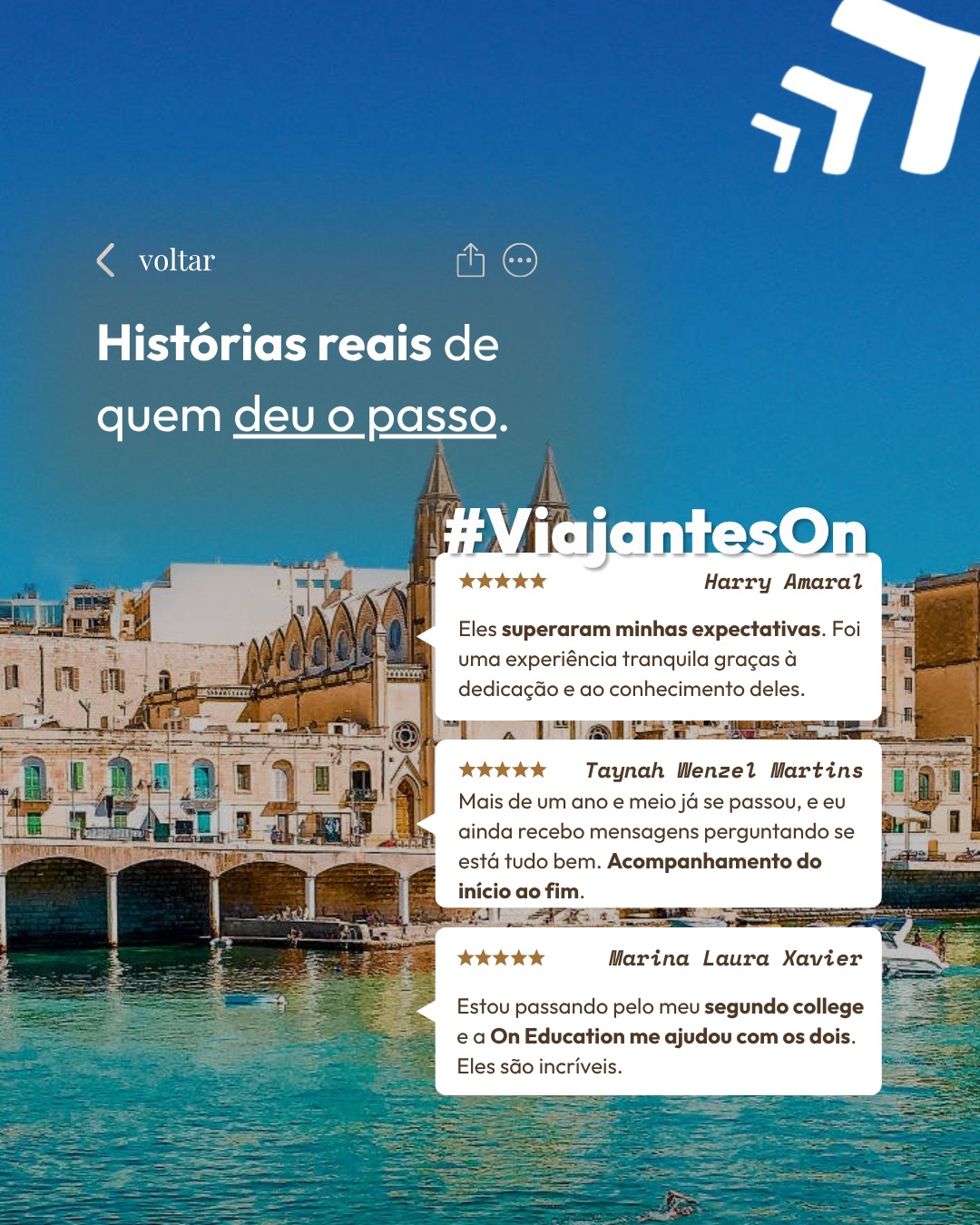 Quem foi, sabe. E quem ainda não foi, precisa ouvir de quem viveu.
A On Education não cuida só da burocracia. Cuida da jornada inteira: do primeiro contato, passando pelo processo, e muito depois do embarque. Esses são apenas alguns dos relatos de quem confiou na gente e foi.
Se você tem o intercâmbio nos seus planos, a gente pode te ajudar a transformar isso em realidade.
Link na bio | On Education
#viajanteOn #intercambio #oneducation #estudarfora #canada