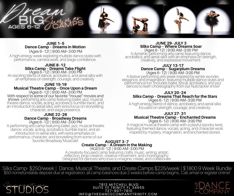 Our first week of Summer Camps kicks off in just TWO weeks and we are counting down the days! ✨
From dance and musical theatre to aerial silks, crafts, obstacle courses, games, creative activities, and performance fun — this summer is designed to keep kids active, inspired, social, and making unforgettable memories.
Whether your child already loves dance or simply loves to move, create, and have fun, our camps are designed for all experience levels in a welcoming and encouraging environment.
☀️ Ages 3–6 & Ages 6–12
☀️ Full-Day & Preschool Options
☀️ Beginner Friendly
☀️ Weekly Themes
☀️ Performance-Based Activities
☀️ Extended Care Available
Spots are already filling for several camp weeks, and once a week reaches capacity we will close enrollment.
📍 The Dance Company Trinity
7813 Mitchell Blvd Suite 111
Trinity, FL 34655
View Camp Themes & Register Here:
https://www.thedancecompanytrinity.com/summer
We cannot wait to spend the summer dancing, creating, learning, and growing with your children! 💛