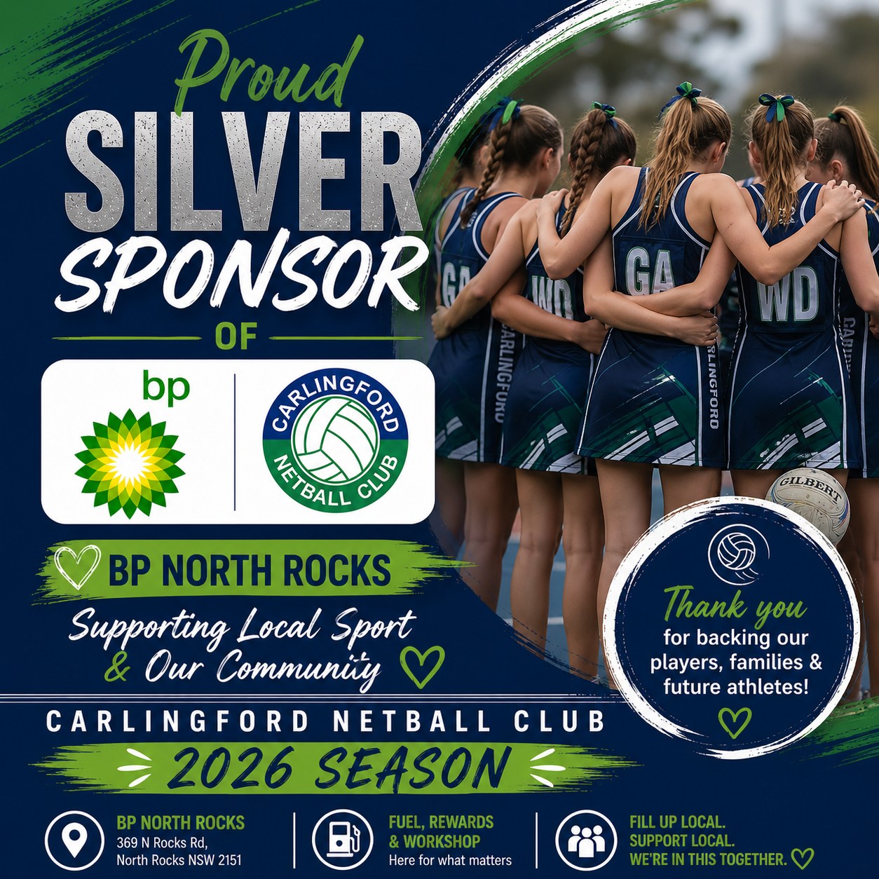 ๐๐ Thank You BP North Rocks ๐๐
Carlingford Netball Club is proud to thank BP North Rocks for supporting us as a Silver Sponsor for the 2026 season.
Your support helps back our players, families and future athletes, while strengthening grassroots sport in our local community.
We are so grateful to have local businesses like BP North Rocks supporting Carlo Netball and helping make our 2026 season possible.
When youโre local, support local โ visit BP North Rocks for fuel, rewards and workshop services.
Thank you, BP North Rocks! ๐
#CarlingfordNetball #CarloNetball #BPNorthRocks #SilverSponsor #LocalBusiness #CommunitySport #GrassrootsNetball #SupportLocal #HDNA #NetballFamily #bp #hillsmums #hillscars #hillsdistrict #community