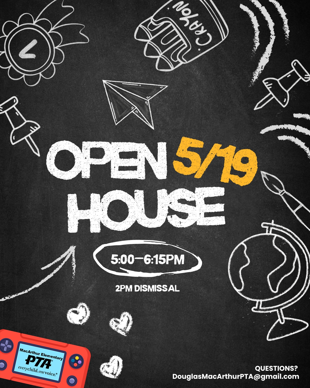 Get ready to step inside the worlds our Eagles have been building all year long: Open House. From classroom projects to creative surprises, Open House is your chance to see the learning, growth, and magic happening at MacArthur!
📅 Tuesday, May 19
⏰ 5:00–6:15 PM
✨ Explore classrooms
📚 See what your students have been learning
🎨 Discover special surprises and student work
🪙 Jump into the Class Coin Wars Fundraiser while you’re there!
🕑 Early Dismissal: 2:00 PM
#GameOnMacArthur #MacArthurPTA #OpenHouse #SchoolCommunity #EaglePride #ClassCoinWars #MacArthurElementary #FamilyEngagement #SchoolSpirit