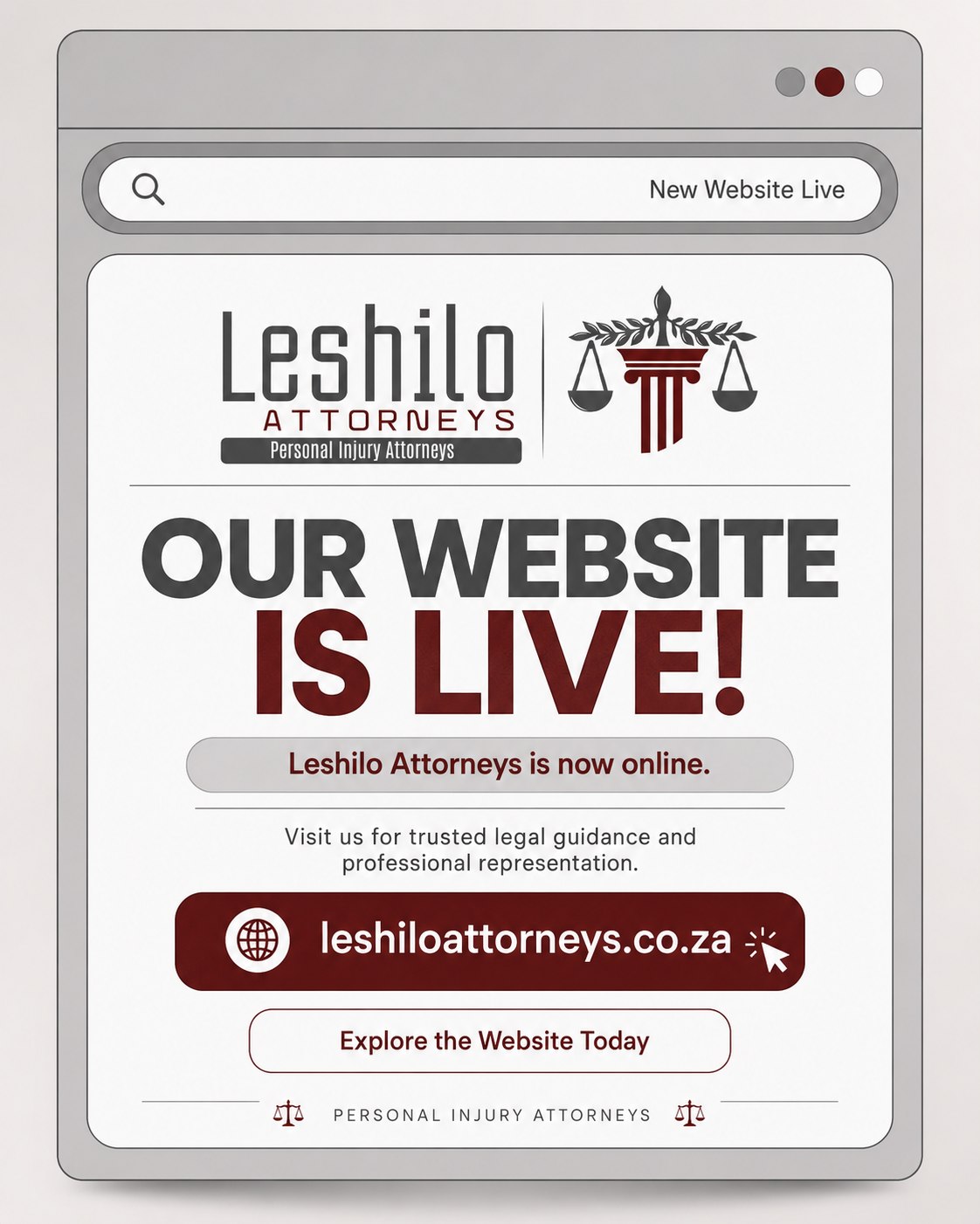 We’re officially live. ⚖️
Leshilo Attorneys’ new website is now online — making it easier to learn more about who we are, what we do, and how we assist our clients with trusted legal guidance.
Visit: leshiloattorneys.co.za
Leshilo Attorneys
Personal Injury Attorneys
#LeshiloAttorneys #PersonalInjuryAttorneys #LegalServices #SouthAfricaLaw #WebsiteLaunch #NowLive