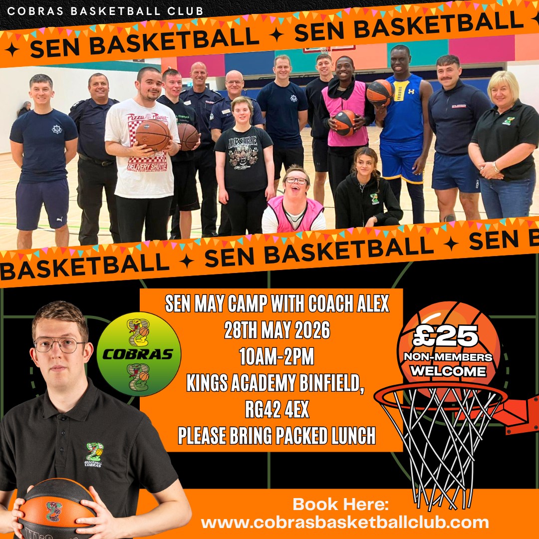 🏀 SEN May Half Term Basketball Camp 2026 🏀
Join Coach Alex this May Half Term for a fun, inclusive day of basketball!
Our SEN Basketball Camp is designed for players aged 12+ with special educational needs, creating a supportive environment where everyone can learn, play, build confidence, and enjoy the game together.
At Cobras, we’re passionate about making basketball accessible to all — helping players stay active, develop new skills, make friends, and most importantly, have fun! 💙
📍 Kings Academy, Binfield, RG42 4EX
📅 Thursday 28th May 2026
⏰ 10am – 2pm
Players will enjoy:
🏀 Basketball skill development
🎯 Fun games & activities
🙌 A friendly and supportive atmosphere
✅ All equipment provided
✅ Experienced DBS-checked coaches
We’re also proud to be Ofsted Registered. Please contact us for more information:
📧 info@cobrasbasketballclub.com