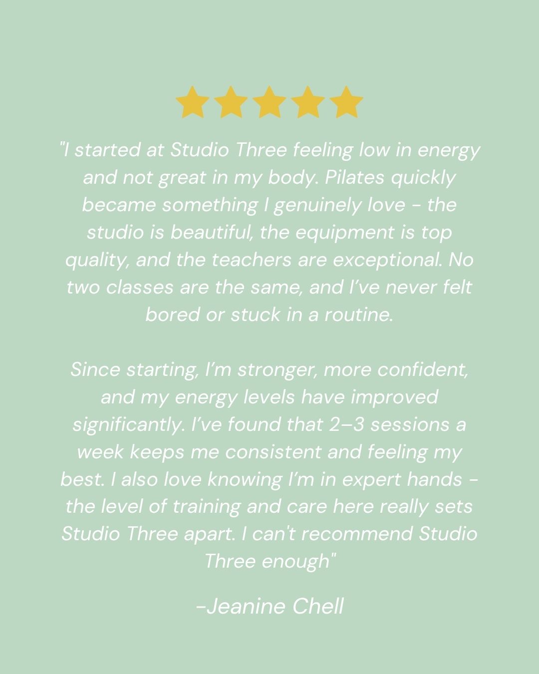 Thanks to Jeanine for sharing such lovely feedback about Studio Three ๐๐๐
Outside of the studio, Jeanine runs @facialalchemy , offering restorative holistic treatments designed to support the body and nervous system. We also recently partnered with her for a community giveaway - thanks again for your generosity Jeanine, and congrats to our winner Julie โจ