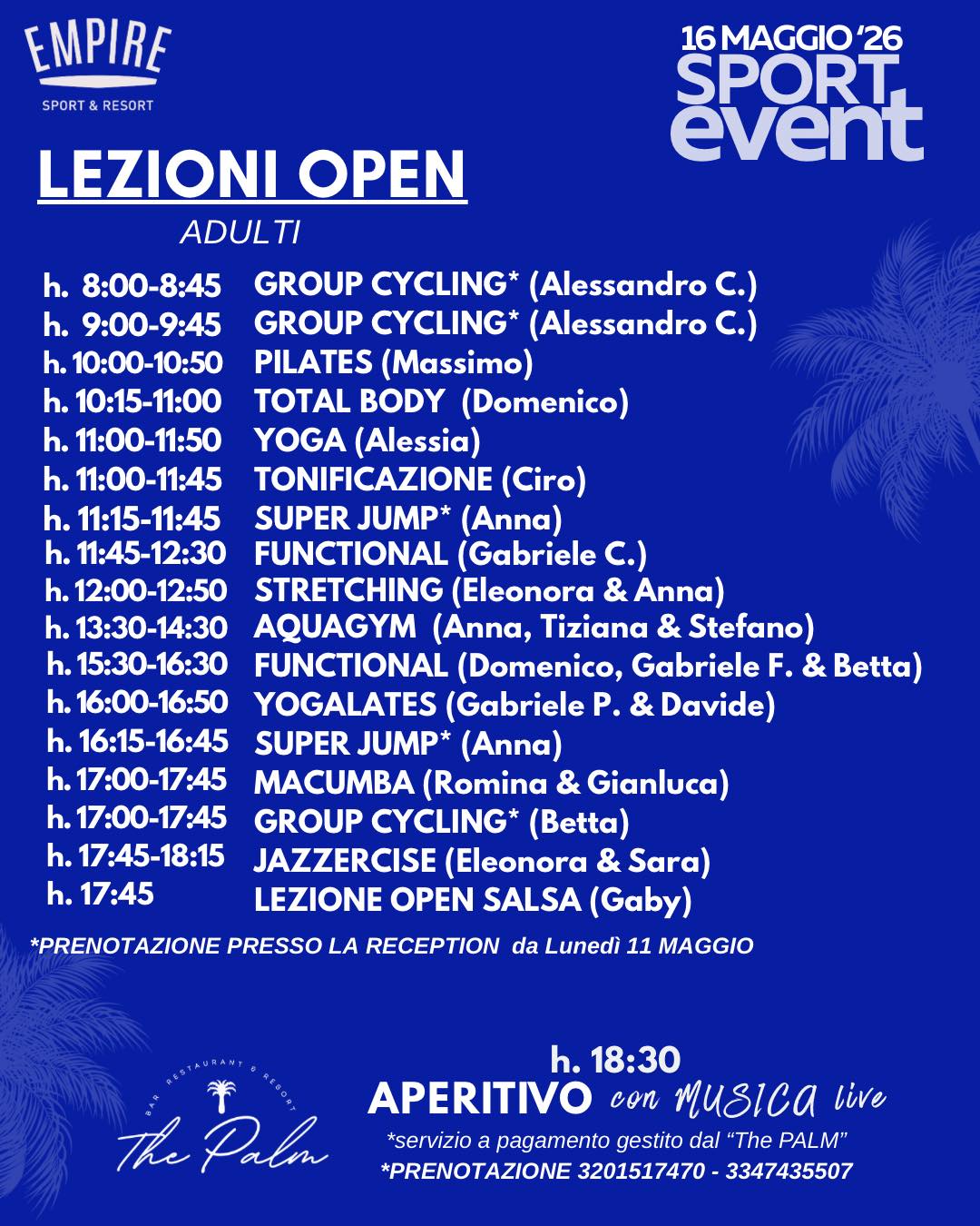 🔵🔵Planning Lezioni Open🔵🔵
🔵SPORT EVENT – 5ª EDIZIONE🔵
Siamo tornati… e quest’anno ancora più grandi!
📅 16 MAGGIO 2026
📍 Empire Sport & Resort
Una giornata TOTALMENTE GRATUITA dedicata a sport, benessere e divertimento per tutti 💥
👇 Tagga chi porterai con te
📩 Scrivici per info
#SportEvent #EmpireSport #EventoGratuito #FitnessDay #OpenDay #RomaEventi #SportPerTutti