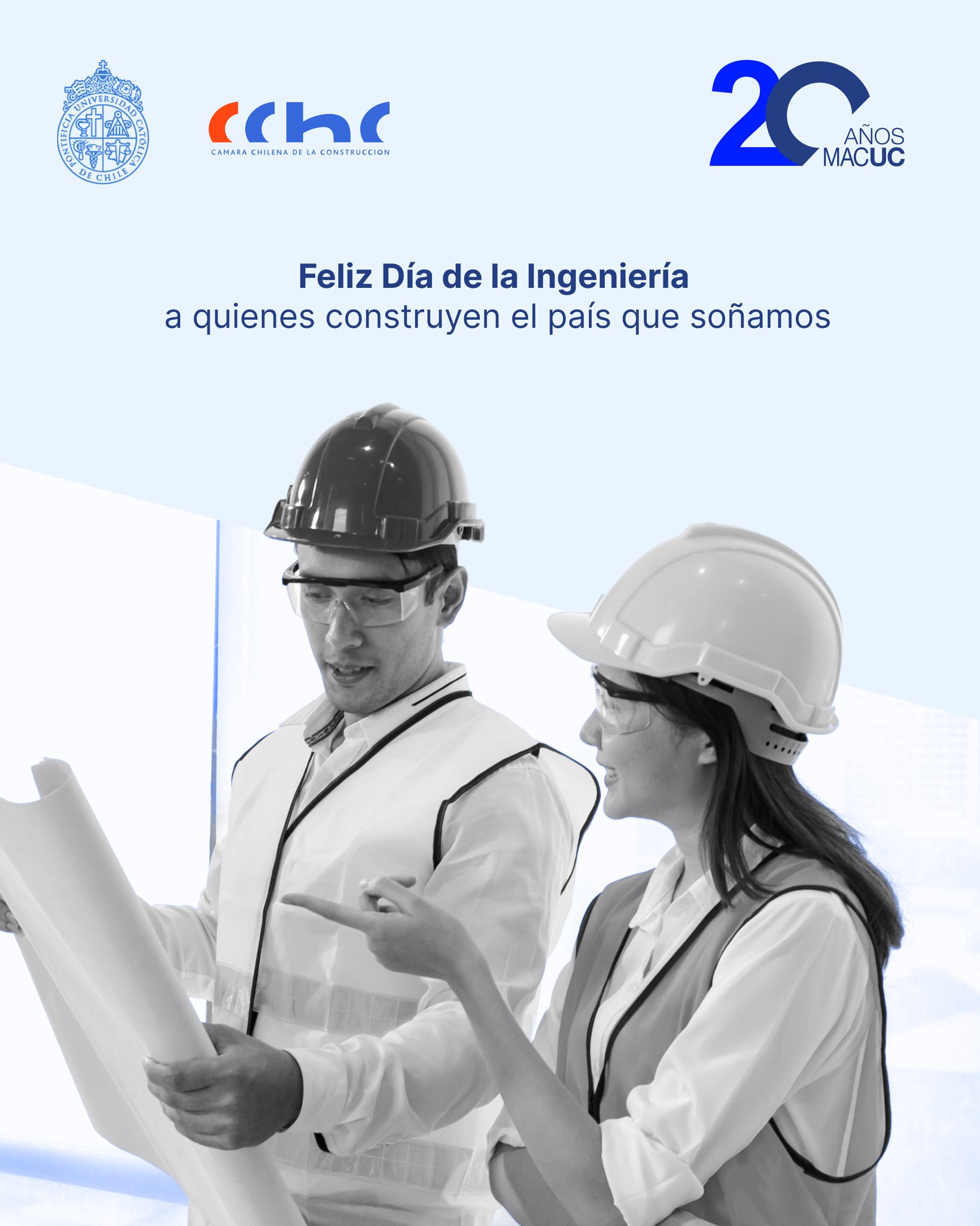 ¡Feliz Día de la Ingeniería a quienes construyen el país que soñamos! 👷♀️👷♂️
Detrás de cada puente, edificio, carretera y gran proyecto de infraestructura, hay profesionales que transforman ideas en soluciones, impulsando el desarrollo de nuestras ciudades y mejorando la calidad de vida de las personas.
Hoy, en el Día Nacional de la Ingeniería, queremos reconocer y agradecer el compromiso, la innovación y la visión de todos los ingenieros e ingenieras, y muy especialmente de nuestra comunidad MAC UC: alumnos, exalumnos y docentes que día a día aportan al crecimiento de la industria de la construcción 💙🏗️
Nos llena de orgullo ver cómo lideran proyectos, enfrentan nuevos desafíos y dejan huella a través de su trabajo, construyendo no solo obras, sino también futuro.
¡Gracias por inspirar, crear y construir un mejor país!
#DiaNacionalDeLaIngenieria #IngenierosChile #ComunidadMAC #OrgulloUC #ConstruccionChile #MACUC20Años