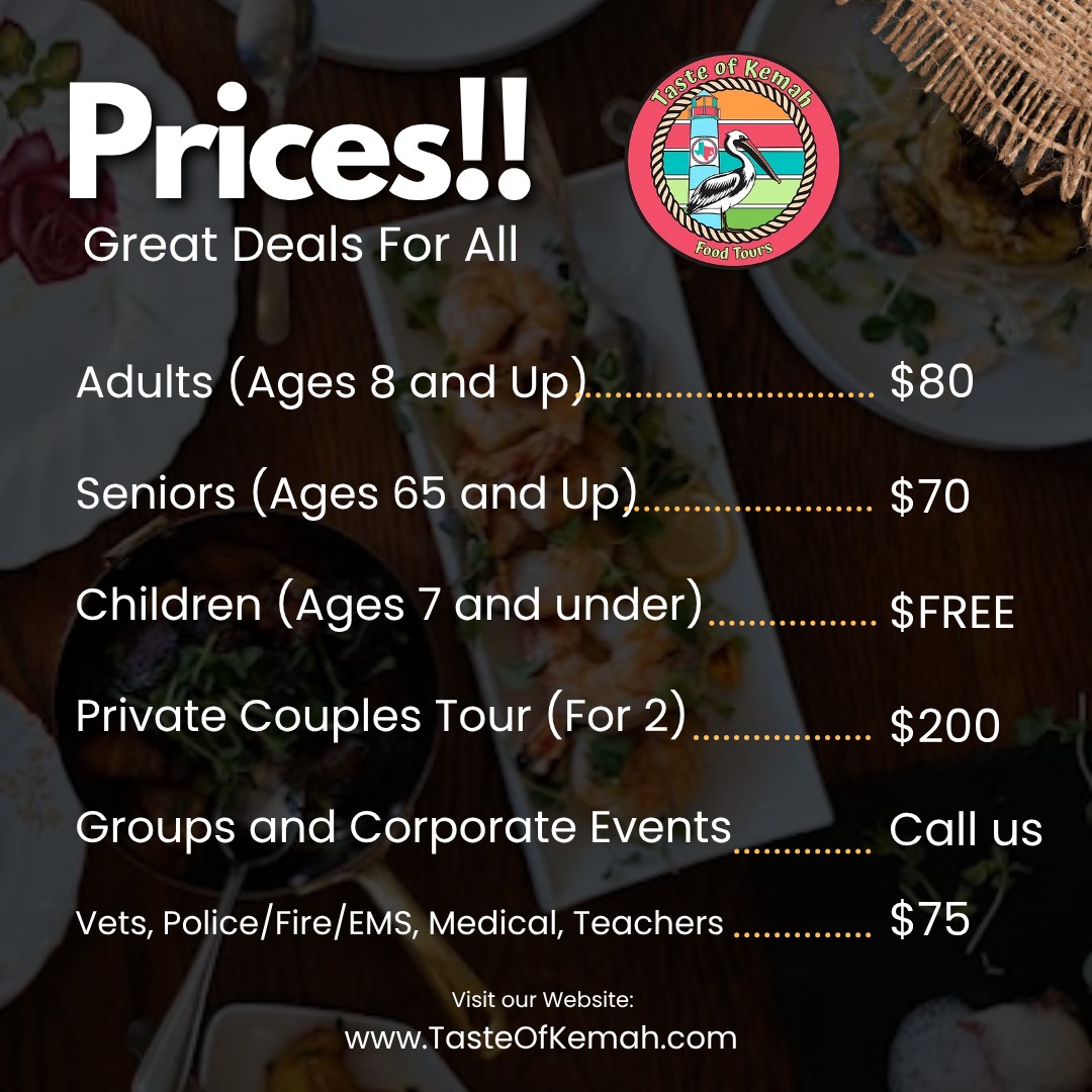 ๐ฒ๐ฝ๏ธ Taste of Kemah Pricing โ Simple, Flexible, Delicious
Ready to plan your next food adventure? Taste of Kemah Food Tours offers options for everyone โ whether itโs a date night, family outing, or group event ๐๐
โจ Tour Pricing:
๐จโ๐ฉโ๐ง Adults (8+): $80
๐ต Seniors (65+): $70
๐ง Children (7 & under): FREE
โค๏ธ Private Couples Tour (2): $200
๐ฅ Groups & Corporate Events: Call us
๐๐ฉโโ๏ธ๐จโ๐ Vets, First Responders, Medical & Teachers: $75
Great food. Local favorites. Unforgettable experience. ๐ดโจ
๐ Book your tour today:
๐ www.TasteOfKemah.com
#TasteOfKemah #KemahFoodTour #KemahTX #ThingsToDoInKemah #TexasEats #FoodieExperience #EatLocalTX #SupportLocalBusiness #DateNightIdeas #FamilyFriendlyFun