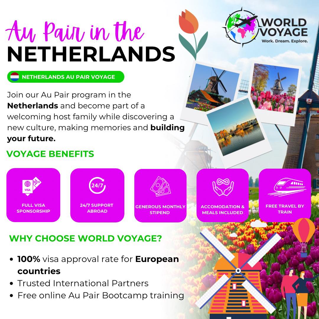 🇳🇱 Your Netherlands adventure starts here ✈️
Dreaming of exploring Europe while gaining international childcare experience? With our Netherlands Au Pair Voyage you can become part of a welcoming host family, experience Dutch culture firsthand, and build unforgettable memories along the way. 🌷
Why Au Pair in the Netherlands?
✨ Full visa sponsorship
✨ Generous monthly stipend
✨ Accommodation & meals included
✨ Free weekend train travel
✨ 24/7 support abroad
✨ Study allowance for a Dutch language course
✨ Medical insurance covered by your host family
At World Voyage, you’ll also receive pre-departure guidance, Au Pair bootcamp training, and support throughout your entire journey. Our Netherlands program includes cultural exchange opportunities, trusted international partners, and ongoing local support while abroad.
Ready to work, dream, and explore? 🌍
Apply now and start your Voyage today!
#WorldVoyage #AuPairNetherlands #NetherlandsAuPair #AuPairLife #WorkDreamExplore #TravelEurope