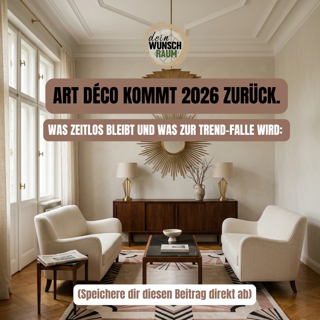 Wohnzimmer einrichten 2026: Art Déco Revival mit Chevron, Messing und Fächer. Was zeitlos wirkt und welche Trend-Falle dich Geld kostet. 👇
1925 wurde Art Déco auf der Pariser Weltausstellung geboren. Geometrie, edle Materialien, kompromisslose Symmetrie. Ein Einrichtungsstil, der Glamour und Klassische Moderne verbindet.
Was ich als M.A. Innenarchitektur dazu sage, wenn du deinen Einrichtungsstil findest:
✨ Messing als Akzent funktioniert immer. Eine Leuchte reicht.
✨ Symmetrie ist das Prinzip, das den Stil zeitlos macht.
✨ Fächerbögen wirken in Spiegeln und Textilien. Nicht als Tapete.
❌ Chevron-Parkett flächendeckend ist die Trend-Falle. Es verkleinert den Raum und altert schnell.
Die eine Regel beim Möbel kombinieren: Wähle ein Art Déco Element. Nicht drei. Sonst wird aus Eleganz Kostüm.
💌 Speichere dir diesen Beitrag für deine nächste Wohnzimmer Inspiration ab, bevor du in teure Materialien investierst, die du in zwei Jahren bereust.
Welches Art Déco Element würdest du dir in deinem Zuhause trauen: Messing, Symmetrie oder Fächer? Schreib es in die Kommentare, ich antworte dir persönlich.
👉 Du willst eine individuelle Einrichtungsberatung? Link in Bio.