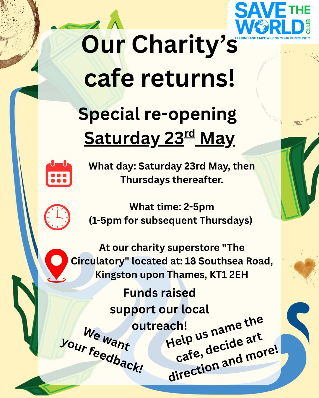 We're thrilled to announce the return of our charity's warehouse cafe after a short hiatus☕🥪. Have you wanted to use a cafe that supports local outreach and support projects? Well now you can!
At our newly re-launching #CommunityCafe serving hot beverages and freshly made food. Funds raised from the cafe directly go back into supporting our local support programs such as; our #CommunityKitchen for people in temporary accommodations, our local #CommunityFridge running costs, our free at the point of use electrical #RepairHub, and more!
Lastly, we want your input on what to call the cafe, help us choose an art direction for the project, and give feedback. We will be running a survey from a list of currently selected ideas and want to know what you think’s better for the first few sessions.
We welcome you to share and have an amazing day.
#kingstonuponthames #kingston #surbiton #tolworth #newmalden #chessington #Food #CommunityCafe #Food #Affordable #Community