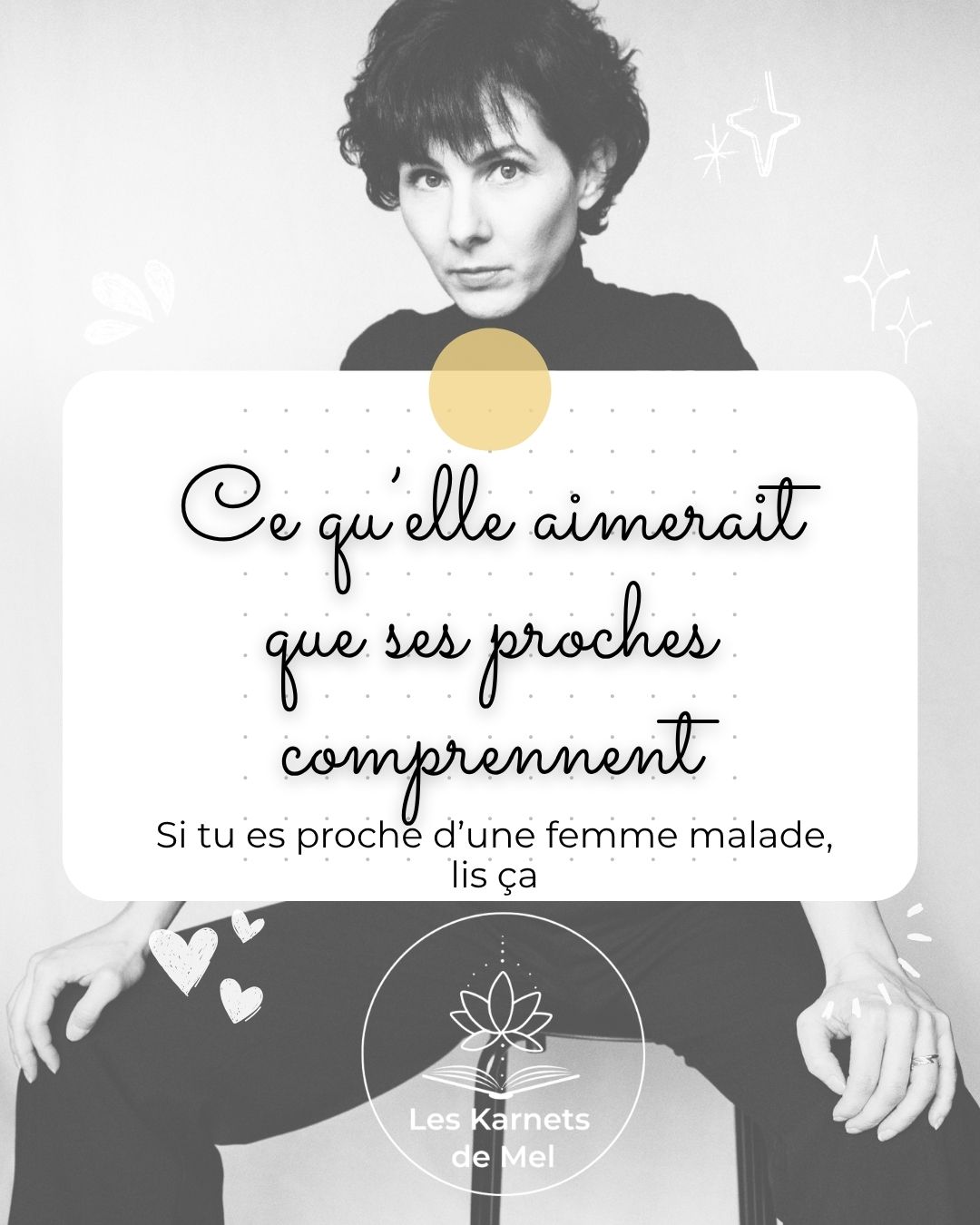 Quand on traverse une maladie, les proches veulent bien faire.
Et souvent… ils font déjà beaucoup.
Mais parfois, il y a des choses non exprimées et qu’elle aimerait qu’ils comprennent.
Pas pour leur reprocher. Mais pour se sentir encore plus soutenue.
Des besoins simples. Des choses difficiles à exprimer sur le moment.
Si tu es proche d’une femme qui traverse ça, peut-être que ces mots t’aideront à mieux comprendre.
Et si tu es concernée : peut-être que tu n’as pas encore pu le dire… mais que ça résonne en toi.
Ici, on peut aussi mettre des mots sur nos maux.
Quelle phrase résonne le plus ?
#leskarnetsdemel #experiencepatient #santedesfemmes #cancerdusein #soutiencancer