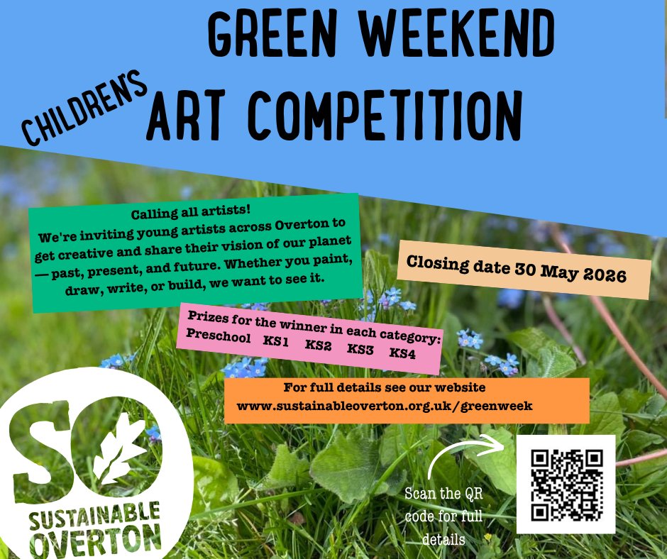 Only 2 days left to enter our Green Week Children's Art Competition!
Entries close on Friday 30 May. Don't miss out, we'd love to see your artwork🙂🌏
Full details here www.sustainableoverton.org.uk/greenweek