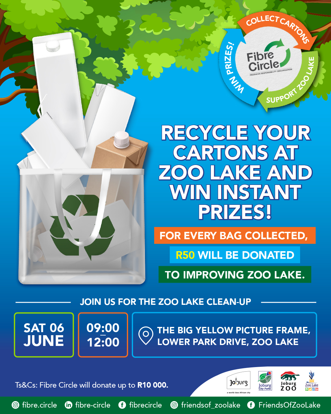 🌍 RECYCLE YOUR CARTONS AT ZOO LAKE & WIN PRIZES! ♻️💚
This World Environment Day, join us at Zoo Lake and help turn recyclable cartons into meaningful impact for the park and community.
Bring a shopping bag filled with cartons/Liquid Board Packaging and for every bag collected, Fibre Circle will donate R50 towards improving Zoo Lake — up to a total donation of R10 000!
🎁 PLUS stand a chance to win awesome instant prizes on the day!
📅 Saturday, 6 June
🕘 09:00 – 12:00
📍 Big Yellow Picture Frame, Lower Park Drive, Zoo Lake
Let’s work together to keep Zoo Lake clean, green and beautiful for everyone to enjoy. Invite your friends, family and neighbours and be part of the change. 🌿
@fibre.circle
#WorldEnvironmentDay #RecycleForZooLake #FibreCircle #ZooLake #Recycling #Johannesburg #CommunityCleanup #KeepJoburgClean #LBPRecycling
#GiveBackToNature #EcoAction #LegacyOfZooLake #CleanUpZA #FunAtZooLake #JoburgEvents #CommunityFun #NatureLovers #ZooLakeCleanUp #Sustainability #CommunityAction #CleanUp #Recycle #RecycleDrive #SaveTheDate #MakeADifference #CommunityLove #RecycleForChange #DonateYourRecyclables