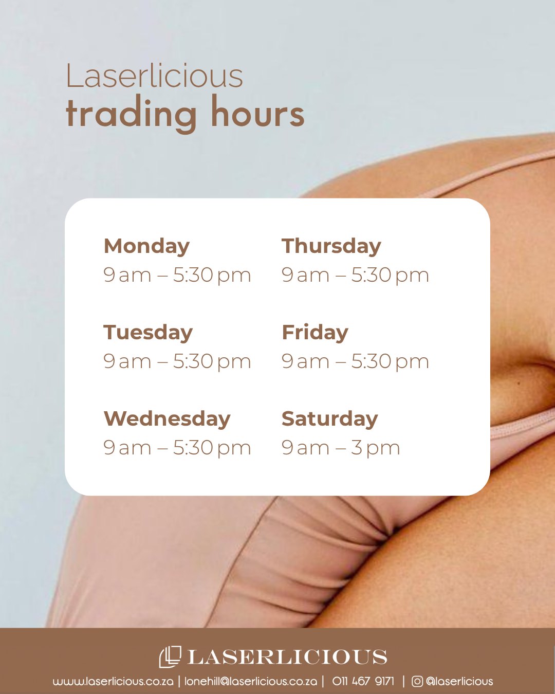 A friendly reminder to secure your appointments in advance ✨
As the seasons change, appointments are filling quickly. Book your spot early to avoid disappointment and keep your skin journey on track.
📞 Call Laserlicious on 011 467 9171 / WhatsApp 083 490 9524 / info@laserlicious.co.za to make a booking today.