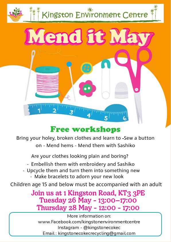 Dear Neighbours, today we just wanted to let you know there’s 1 week to go till “Mend it May” a re-use and repair themed event, hosted by our friends at @kingstonenvironmentcentre on Tuesday 26th and Thursday 28th May. Equipping people with more basic repair skills, and on the Thursday, a little Sashiko stitching & embroidery.
If you’d like to take part and want a guaranteed spot, make sure to book on their Eventbrite:
https://www.eventbrite.co.uk/e/mend-it-may-workshop-26th-may-1pm-5pm-28th-may-12pm-5pm-tickets-1986316454987
Have a fantastic day from the STWC team.
#Repair #Reuse #Sashiko #Sewing #SewingMachine #TeddyBear #BearRepair #FixALong #Community #Free #communitysupport #environmental #environment #kingstonuponthames #kingston #surbiton #tolworth #newmalden #chessington