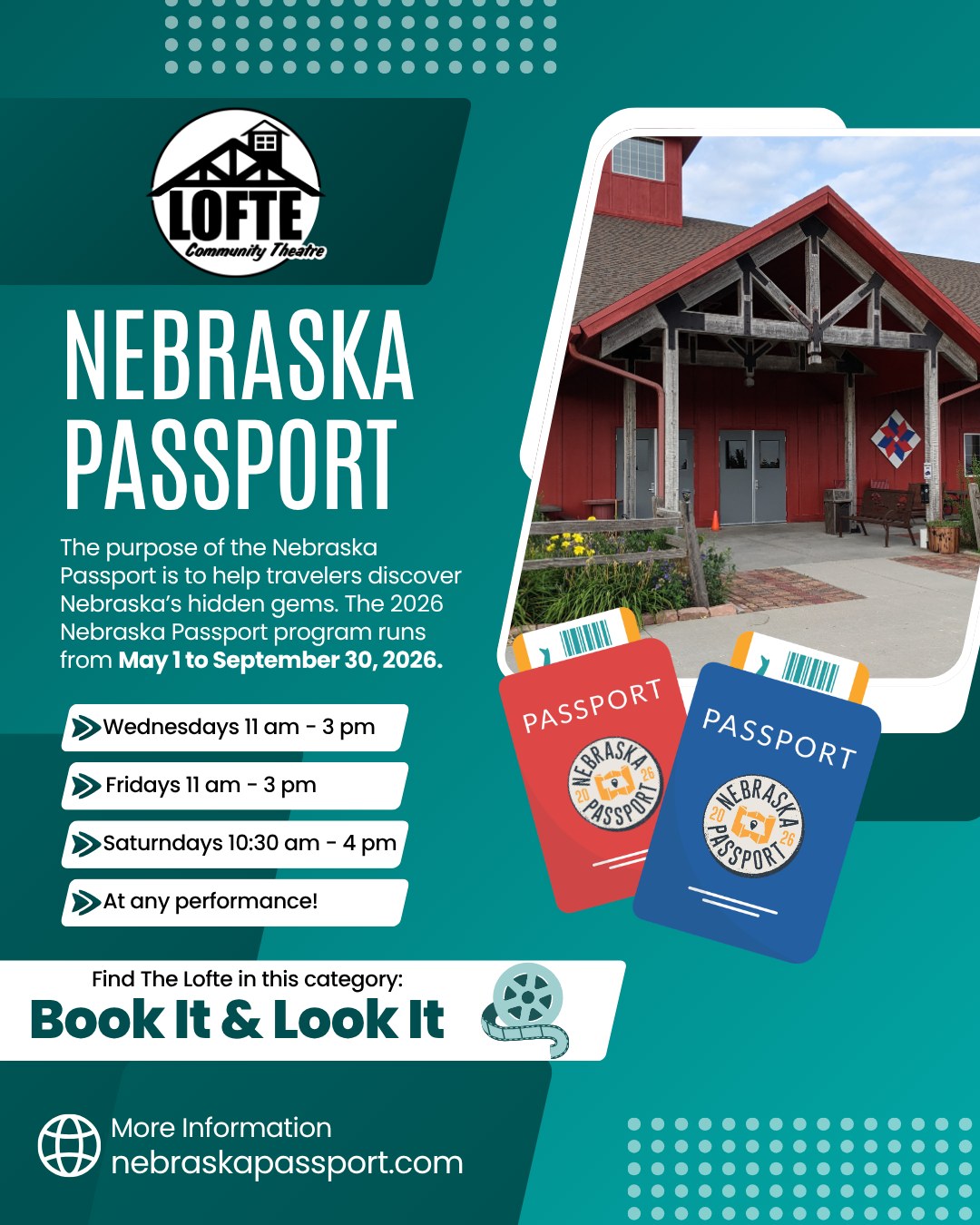 The Lofte is proud to be a stop on the 2026 Nebraska passport! You can find us in the "Book it & Look It" category! If you plan to come by, we'll be open to passport holders on Wednesdays and Fridays from 11:00 am to 3:00 pm, and on Saturdays from 10:30 am to 4:00 pm. You can also come during any performance! But don't wait too long, May is almost over, and the passport program is only active until September 30th! For more information, visit https://nebraskapassport.com/
Did you know that some passport stops provide special deals to passport holders? You can download the Nebraska Passport app for details, or pick up a passport booklet at participating locations, including The Lofte!
.
.
.
.
.
#Lofte #TheLofte #BornInABarn #LofteTheater #CommunityTheater #CommunityTheatre #Volunteer #Nebraska #CassCounty #Lincoln #Omaha #WeepingWater #Manley #theatre #theater #live #livetheater #livetheatre #localtheater #localtheatre #nebraskapassport #nebraskapassport2026