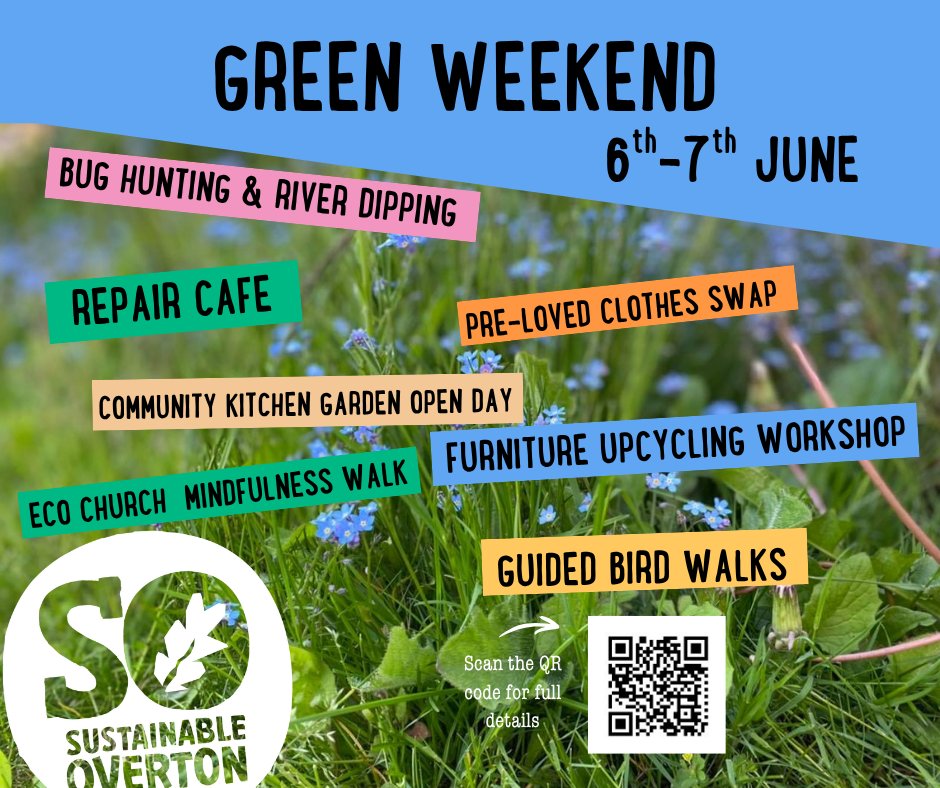 It's DAY 1 of our Green Weekend in Overton!
Today we've got family activities and open day at the Community Kitchen Garden, the repair cafe with bike repairs and knife sharpener, and an evening bird walk for you. You can head to St Mary's for a self guided mindfulness walk at any time!
Come on down to join in!
#GreenWeekOverton