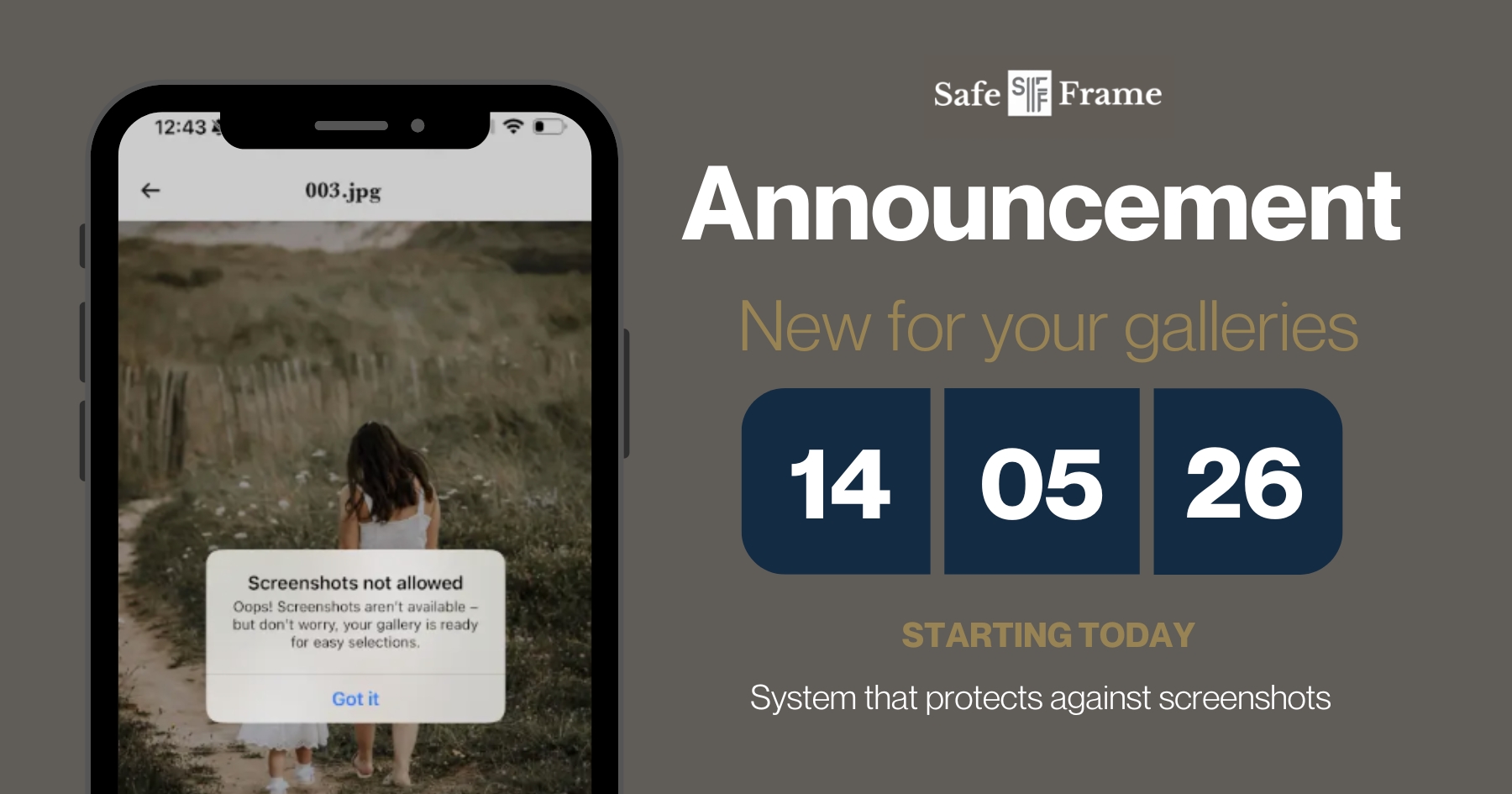 A little update for proof galleries.
For clients who can’t come back for an in-person viewing, I’ll now be using Safe Frame for online proof galleries.
It’s a secure gallery app designed to help protect images from screenshots and unauthorised saving.
With AI and watermark-removal tools so easily available now, this is sadly becoming a necessary part of protecting both my work and my clients’ privacy.
It means I can still offer online proofing when needed, but in a safer way.
In-person viewings will stay exactly the same, and are still the best way to see your images properly, choose your favourites and chat through options.
Safe Frame is simply there for the occasions where online proofing is needed.