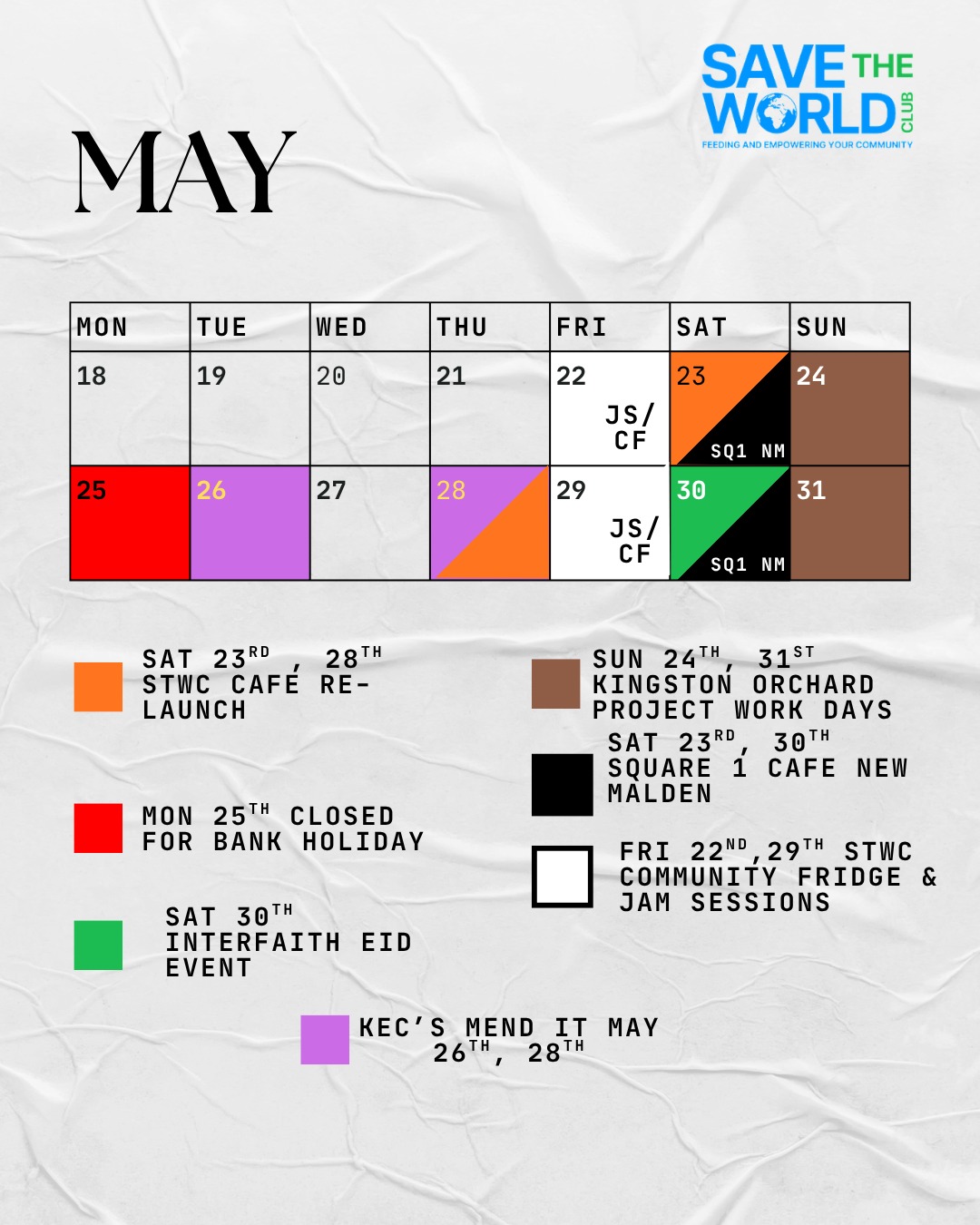 Join us for the remainder of the month with a fantastic selection of events and support projects, a special spotlight being the re-launch of our warehouse #cafe (Sat 23rd may) and KEC's Mend it May events!
More on Mend It May coming tomorrow.
Have a fantastic evening from the STWC team.
#MayEvents #Events #May #ComingUp #communitysupport #environment #environmental #kingstonuponthames #kingston #surbiton #tolworth #newmalden #chessington