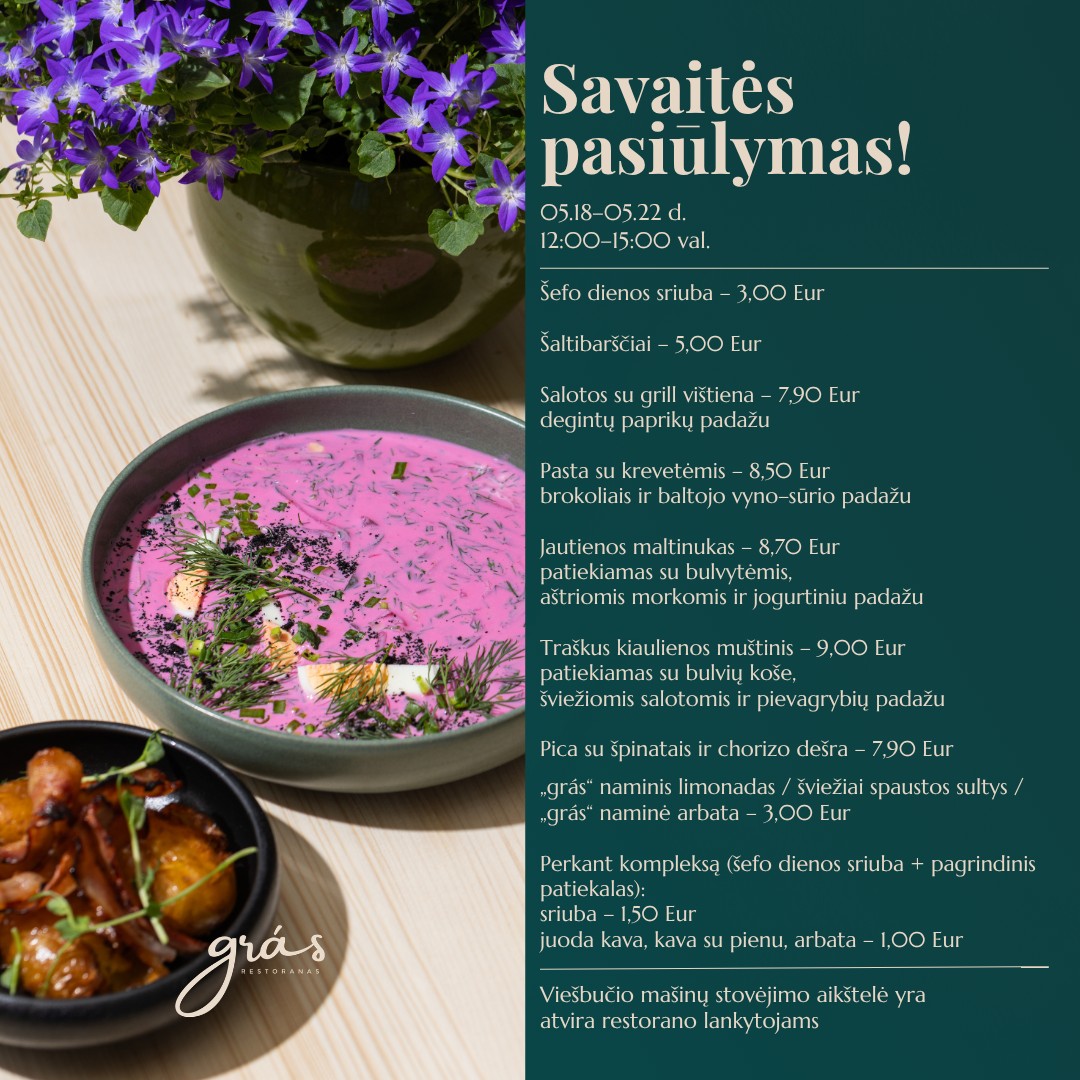 Savaitės pasiūlymas @restoranas_gras 05.18-05.22 dienomis, 12:00–15:00 val.:
🍲 Šefo siūloma dienos sriuba*;
🍲 Šaltibarščiai;
🍽 Salotos su grill vištiena ir degintų paprikų padažu;
🍽 Pasta su krevetėmis, brokoliais ir baltojo vyno–sūrio padažu;
🍽 Jautienos maltinukas, patiekiamas su bulvytėmis, aštriomis morkomis ir jogurtiniu padažu;
🍽 Traškus kiaulienos muštinis, patiekiamas su bulvių koše, šviežiomis salotomis ir pievagrybių padažu;
🍕 Pica su špinatais ir chorizo dešra;
*Kasdien besikeičiantys patiekalai – teirautis padavėjo.
Perkant kompleksą (šefo dienos sriuba + pagrindinis patiekalas):
🍲 sriuba – 1,50 Eur
☕ juoda kava, kava su pienu, arbata – 1,00 Eur
@restoranas_gras rasite adresu Kęstučio g. 32, Palangoje, @zilvinashotel . Viešbučio mašinų stovėjimo aikštelė yra atvira restorano lankytojams.