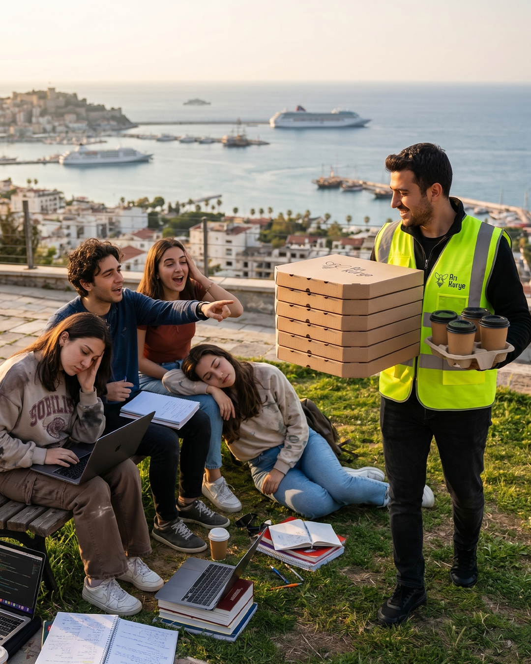 Sınav haftasının o en yorgun, en bitkin anında tam 'artık dayanamıyorum' dediğiniz an... Arı Kurye vızzz diye sıcak pizza ve taze kahveyle yanınızda bitiverir! ⏱️