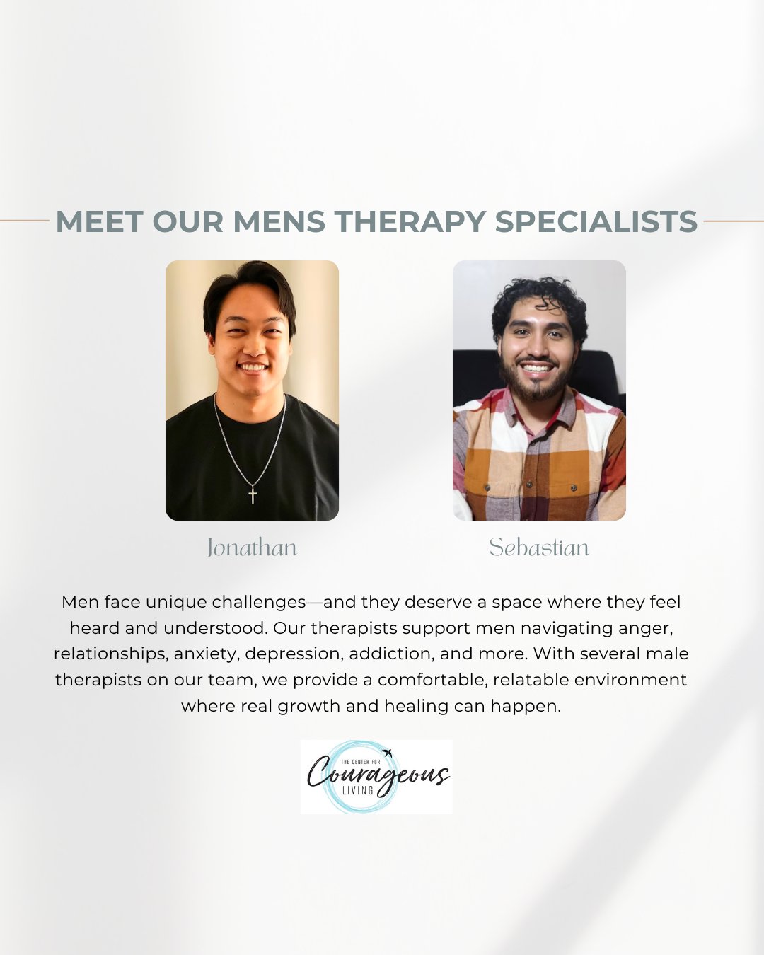 Men face challenges, too—and they don’t have to navigate them alone.
At The Center for Courageous Living, we provide a supportive, judgment-free space where men can work through anger, relationship struggles, anxiety, depression, addiction, and more. With therapists who understand the unique experiences men face, we’re here to help you build stronger relationships, healthier coping skills, and a greater sense of balance.
Taking that first step isn’t always easy—but it’s worth it.
If you or someone you love is looking for support, we’re here for you.
📞 815-707-4806
📧 gia@centerforcourage.com
🌐 centerforcourage.com
#TheCenterForCourageousLiving #MensMentalHealth #MensTherapy #MentalHealthMatters #BreakTheStigma #EmotionalWellness #HealthyMen #StrongerTogether #TherapyWorks #CrystalLakeIL #McHenryCounty #McHenryCountyIL #LocalSupport
