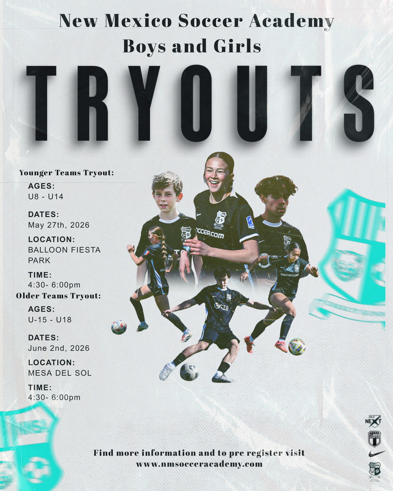 U8-U14 Tryouts are 8 days away! Register your interest at nmsocceracademy.com, located at Balloon Fiesta Park