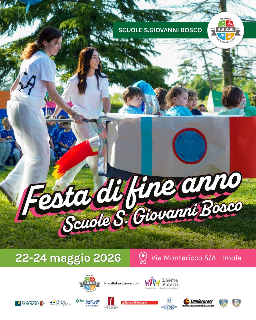 🎉 Tre giorni di festa alle Scuole S. Giovanni Bosco! 🎉
Dal 22 al 24 maggio 2026 vi aspettiamo per la nostra Festa di fine anno: un’occasione speciale per stare insieme, condividere emozioni, divertirci e celebrare un altro anno vissuto con entusiasmo e crescita 💚
📍 Via Montericco 5/A – Imola
In programma:
✨ Prom Night
🎭 Spettacoli dei bambini e dei ragazzi
🎶 Musica e DJ set
🚲 Biciclettata
🎨 Laboratori creativi
🍔 Stand gastronomico e tante golosità
🎟️ Lotteria di primavera
🙏 S. Messa e momenti di condivisione
Tre giornate pensate per famiglie, studenti, amici e per tutta la comunità scolastica.
Vi aspettiamo numerosi per festeggiare insieme! 🌸
#ScuoleSanGiovanniBosco #FestadiFineAnno #Imola #Comunità #Scuola #Famiglie #EventiImola #Primavera2026
