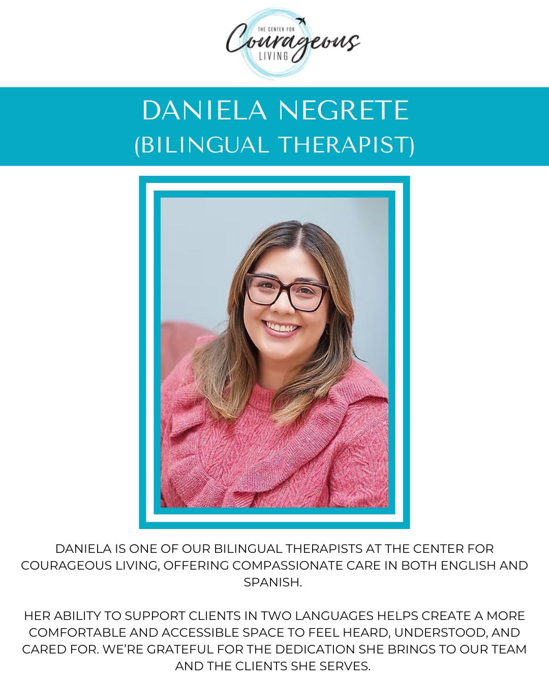 Meet Daniela, one of our newest bilingual therapists at The Center for Courageous Living. 💙
Daniela offers therapy in both English and Spanish and supports children, teens, young adults, and families navigating anxiety, depression, self-esteem, school stress, family changes, relationship challenges, and life transitions.
Her approach is warm, genuine, and collaborative, creating a space where clients can feel safe, understood, and supported. With children, she incorporates play and art-based activities, while helping teens and young adults build confidence, insight, and practical coping skills.
To schedule with Daniela, contact us today:
📞 815-707-4806
📧 gia@centerforcourage.com
🌐 centerforcourage.com
#CenterForCourageousLiving #BilingualTherapist #SpanishSpeakingTherapist #TherapyInEnglishAndSpanish #ChildTherapy #TeenTherapy #YoungAdultTherapy #FamilySupport #MentalHealthSupport #CounselingServices #CrystalLakeIL #CaryIL #McHenryCounty #McHenryCountyTherapy #TraumaInformedCare