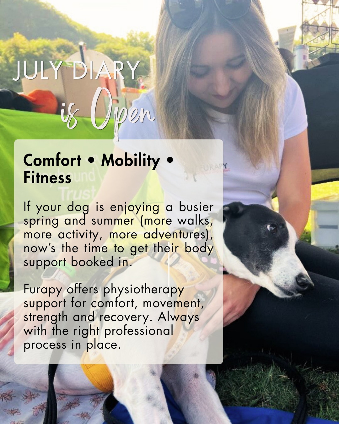 Bookings available for July onwards! 🐾
Is your dog looking at a busier spring and summer? If so, we are here to help keep your pet more mobile and comfortable through the warmer months ☀
At Furapy, we are all about keeping your pet doing what they love!
🐾Physiotherapy can help prevent injuries when active, help recovering pets get back on track or help maintain comfort through chronic conditions.
🐾We provide bespoke physiotherapy treatments and fitness plans for dogs from walks of life. All sessions are catered to your pet as an individual, taken at their pace and even better, delivered in the comfort of their own home. Perfect for those who struggle to relax in clinic environments.
Think this would be great for your pet? Pop us a message today or give us a call us on 07702082602 to have a chat; we would be more than happy to help!