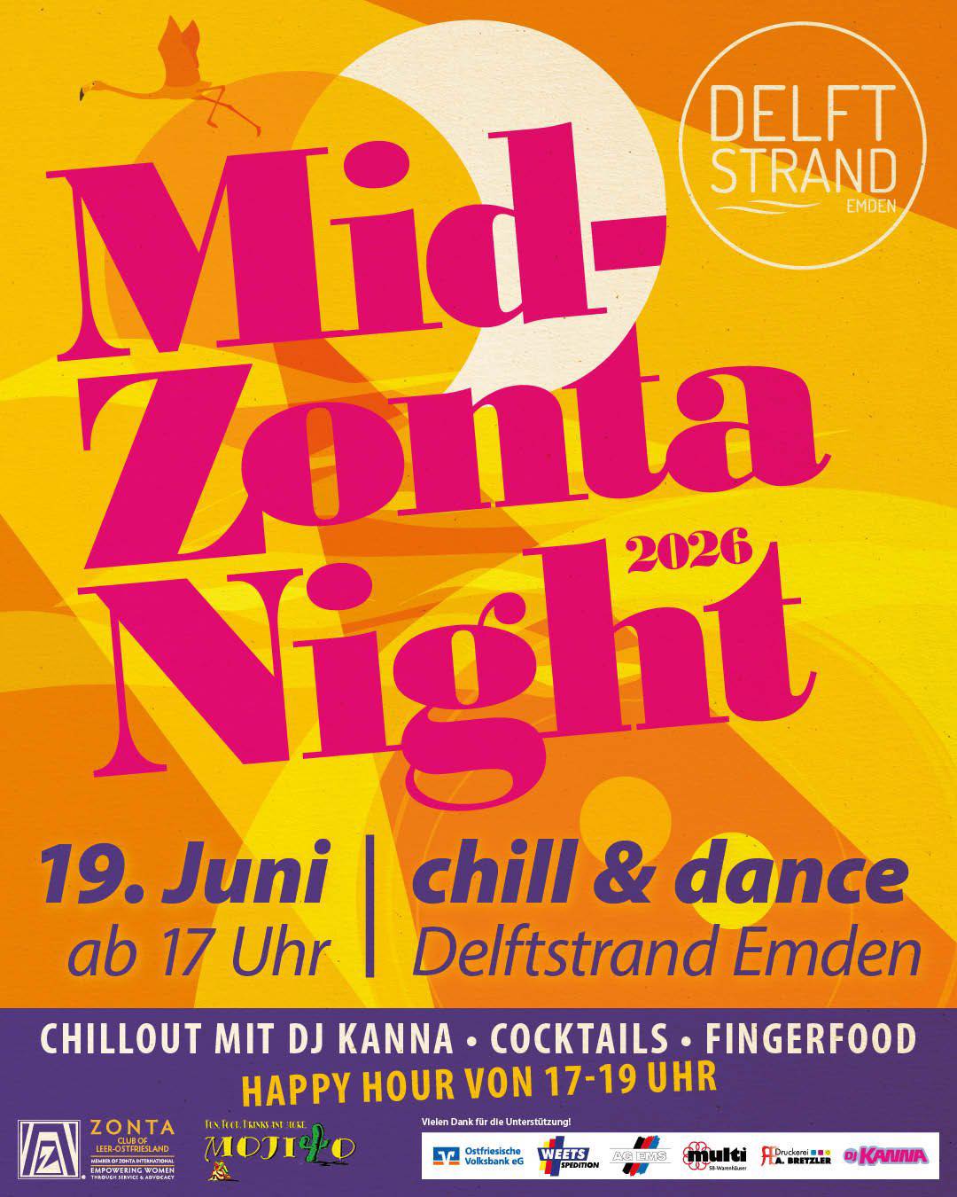 Los geht’s ‼️ Seid dabei‼️Mittsommerparty🎉
Am 19.06.2026 erwartet Euch eine tolle Afterworkparty / Chillout am Delftstrand in Emden: MidZontaNight 🩷 mit Happy Hour 🍹 und smoothen Vibes von DJ Kanna 🎶 💃🏼 🕺🏼 🎵 🦩
♦️Freitag 19.06.26
♦️ab 17 Uhr
♦️Delftstrand, Emden
♦️VVK: Mojito Emden, Delftstrand Emden, Weinschmecker Aurich oder sprecht uns an 😃
Habt Spaß und tut etwas Gutes - der Erlös geht an unser Projekt “Moje Tieden” und weitere Projekte von Zonta International 🧡
Wir bedanken uns von Herzen 🫶🏼 beim Mojito Emden und Carsten Kanna, sowie bei unseren Sponsoren Druckerei Bretzler, Multi, Fa. Weets, AG Ems und der OVB 🙏🏻🙏🏻🙏🏻
Wir freuen uns auf Euch 🩷🦩🩷
Zonta Club Leer @carsten_kanna
Gerne 🙌🏼 #teilen #party #Delftstrand #afterwork #emden