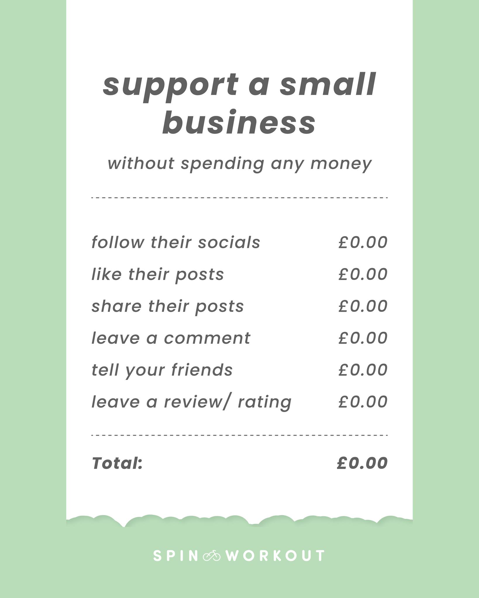 💚 Love what we do?
Supporting a small business doesn’t always mean spending money.
You can help us grow by:
✨ Following our Facebook & Instagram pages
❤️ Liking our posts
📲 Sharing our content
💬 Leaving a comment
🗣️ Recommending us to friends
⭐ Leaving a review on Mindbody, Google or where ever you book your class!
Did you know we’ve got a Refer a Friend programme 👯
When you refer a friend and they join us, you’ll earn a FREE class credit as a thank you! Simply email us with their details or fill in the refer a friend box on the website homepage!
Every interaction, recommendation, and referral helps our small business grow and reach more amazing people like you. We truly appreciate your support 💚
#SupportSmallBusiness #ReferAFriend #SmallBusinessLove #CommunitySupport #SpinAndWorkout