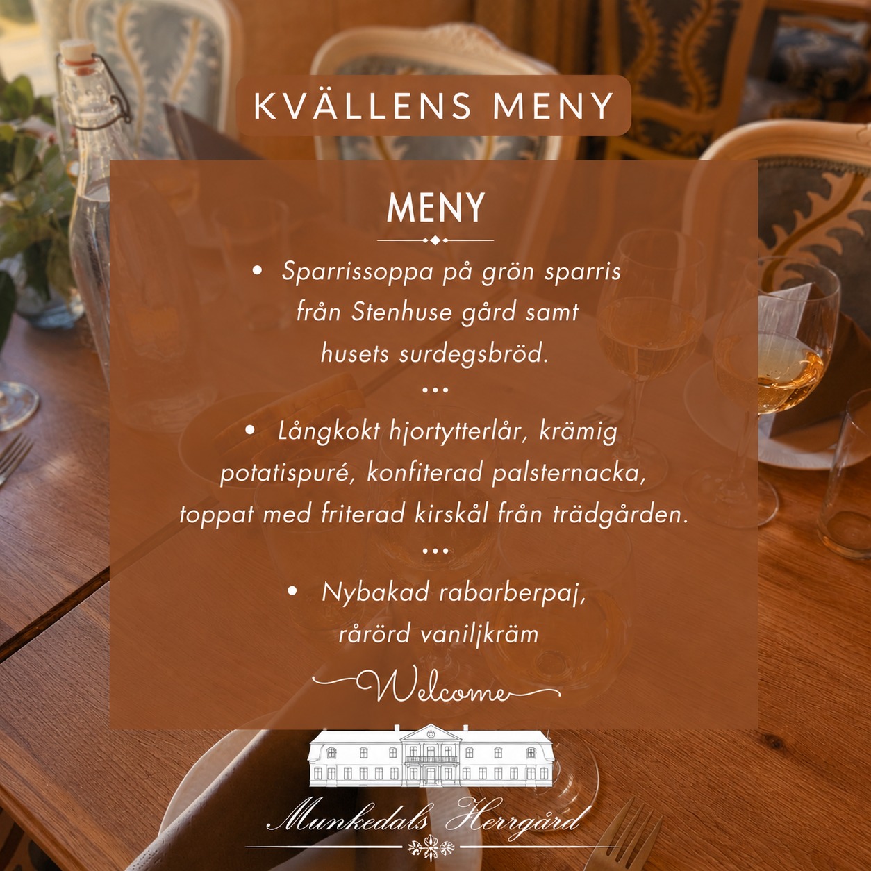 Tisdagskväll på Herrgården 🌿
Här kommer kvällens meny, fredagens lunch och en liten påminnelse om vår morsdagslunch den 31/5 💛
Varmt välkomna till oss.