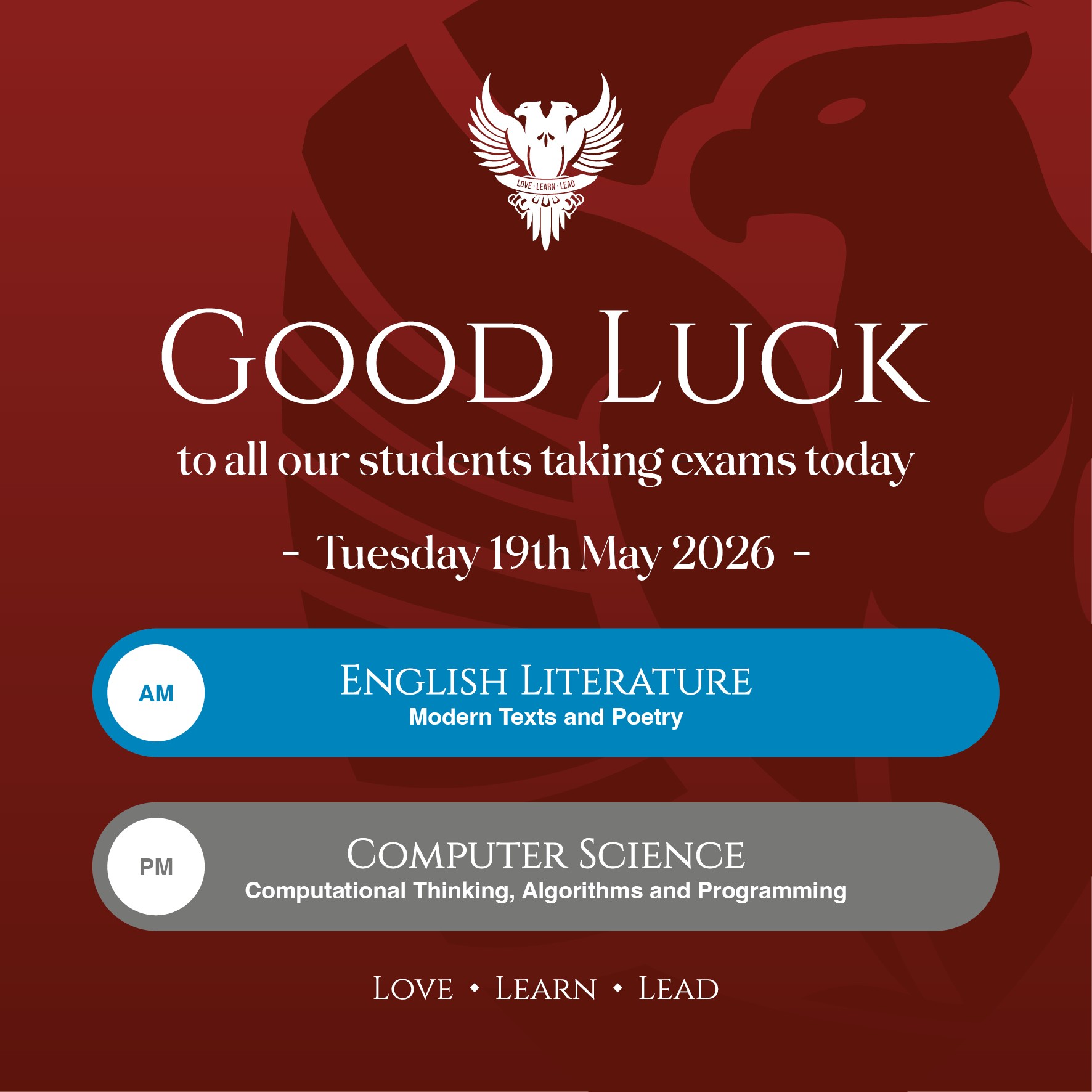Good luck today Year 11. Today's exams are English Literature and Computer Science.
#lovelearnlead #putstambrose1st #englishliteraturegcse #computersciencegcse