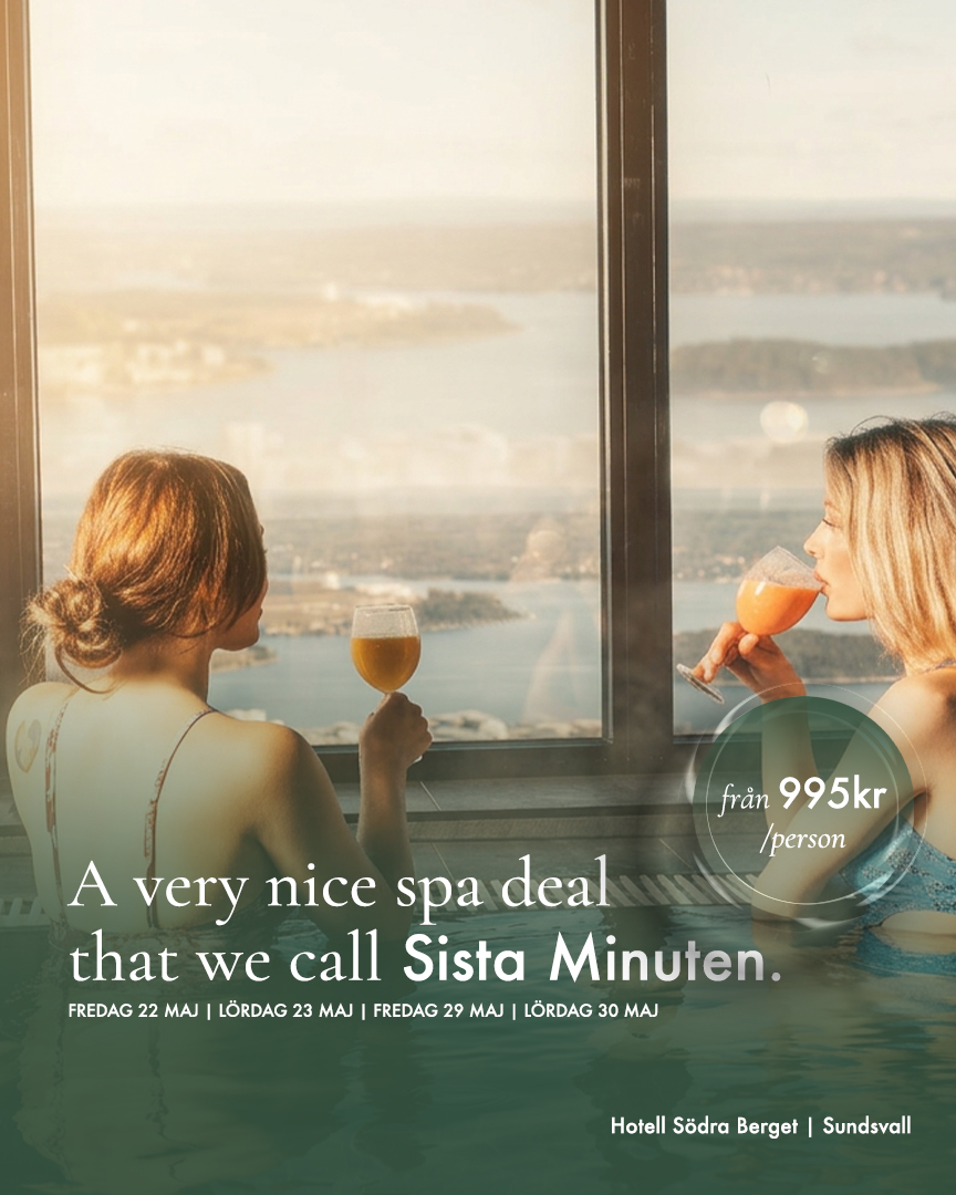 Sista minuten nu i helgen och nästa! - Spadag på Hotell Södra Berget och The Super Very Nice Spa Deal! Erbjudanden till dig som är sugen på hotellövernattning, VIDA SPA och frukost.
Fr. 995kr/person.
Spadeals nedan --->
📅 Datum: fredag 22 maj, lördag 23 maj, fredag 29 maj, lördag 30 maj.
Spamys från 995 kr/person.
Ingår: Logi, entré VIDA SPA, frukost.
Boka nu och njut av en avkopplande vistelse! 😊🧖♀️🧖♂️ ----- > https://www.sodraberget.se/deal
Varmt välkomna till Hotell Södra Berget i Sundsvall