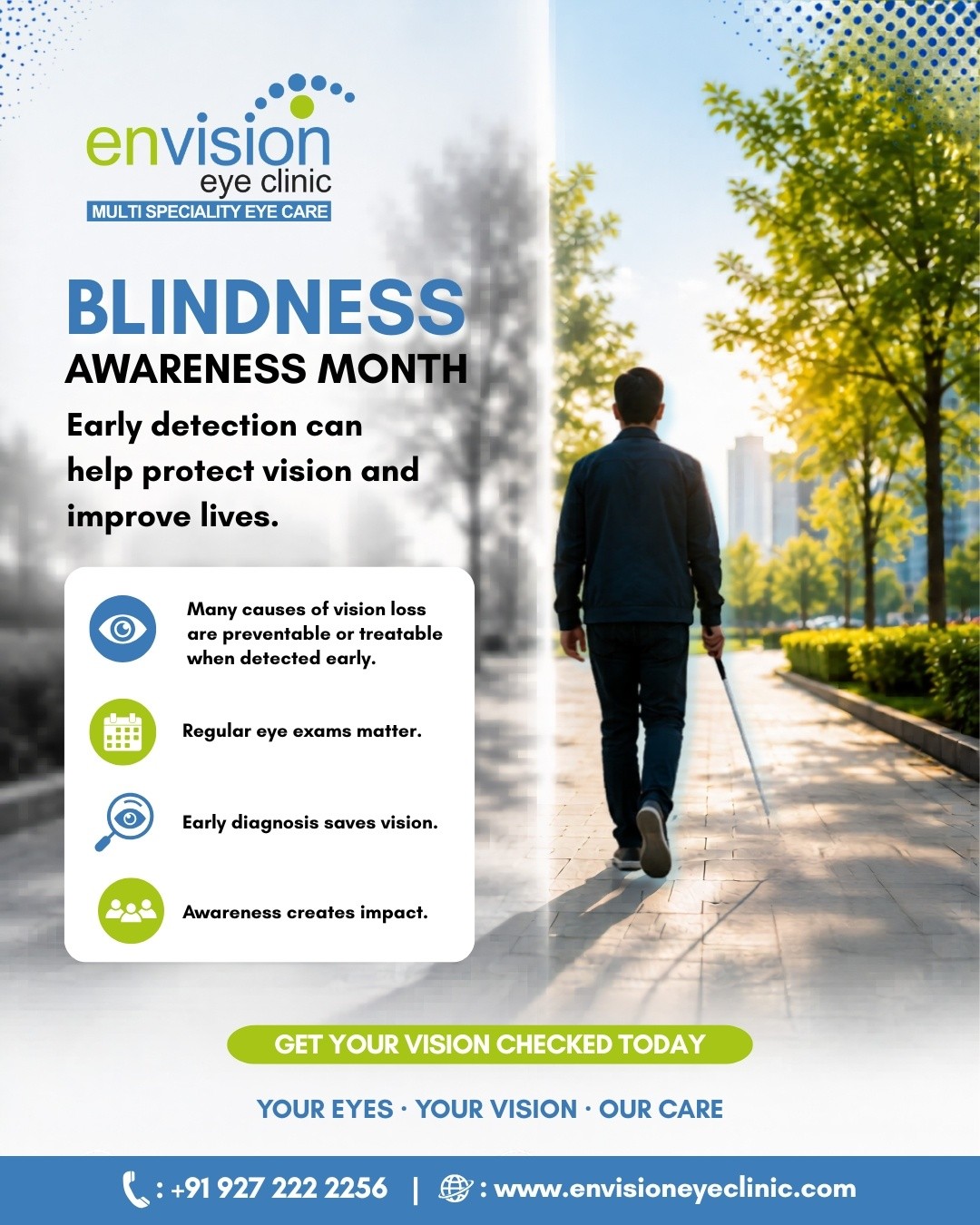 Blindness Awareness Month reminds us that early detection and regular eye check-ups can help prevent many vision-related conditions.
Awareness, timely care, and routine eye exams can make a real difference in protecting sight and improving quality of life.
(blindness awareness, vision loss prevention, eye health, early diagnosis, regular eye exams, protect your vision)
📍 2nd Floor, Shivraj Apartments, near Parihar Chowk, Aundh, Pune, Maharashtra 411007
#BlindnessAwareness #EyeHealth #VisionCare #EyeCheckup #EnvisionEyeClinic