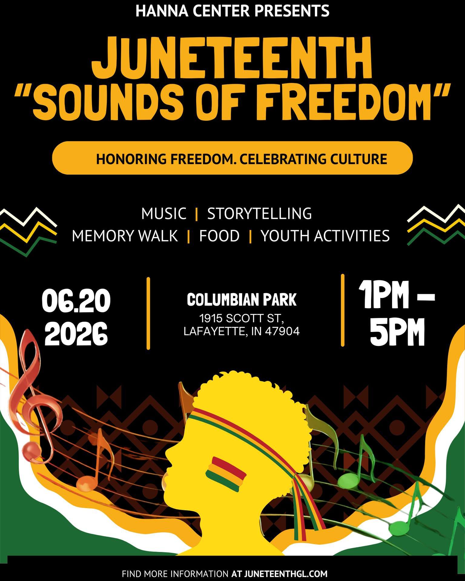 Join us in celebrating Juneteenth at Columbian Park on June 20 from 1 PM–5 PM! Come together for a day of community, culture, and celebration.
For more information, visit juneteenthgl.com and follow @juneteenthcelebrationgl for updates and event details 💚💛