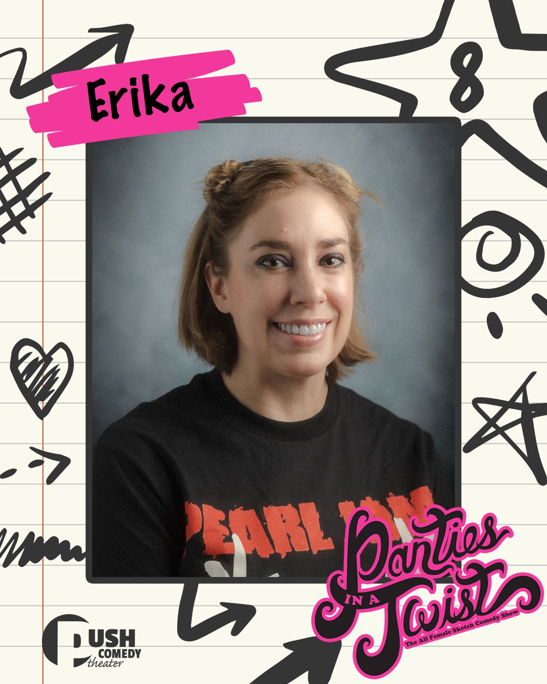 ✨ Cast Spotlight: Erika Guess ✨
Eight Panties in a Twist shows in, Erika is basically part of the furniture at this point… except way funnier and with significantly better music taste 😏
At 13, Erika was all about Pearl Jam, Star Trek: The Next Generation, and swim team life. Her fav song was Jeremy by Pearl Jam. Celebrity crush? Eddie Vedder, naturally.
Would her 13-year-old self be impressed today? Absolutely.
Young Erika dreamed of working at an advertising agency like Angela from “Who’s the Boss?” and she actually made it happen. Today, her life is filled with creativity through art, music, and theater, which sounds like 13-year-old Erika’s vision board coming to life.
What keeps bringing her back to Panties in a Twist year after year is the camaraderie and creativity. She says rehearsals are some of the most fun parts of the process, and there’s something special about seeing a group of funny, talented women create something bigger every year.
And speaking of bigger…that’s EXACTLY what she’s excited for this year.
She can’t wait to see the sets, costumes, and especially the musical numbers come together because, in her words, the audience is going to be blown away.
Also, if Erika had control of the Olympics, we’d apparently all be tuning in for Runway as an official event 💅🏽
Come see the show and find out what eight years of magic looks like 👇🏽
PANTIES IN A TWIST IS NEXT WEEKEND!
📅 May 30 & 31
📍 Historic Wells Theater
🎟️ Tickets at the link in our bio
Panties in a Twist is presented by @wendyschofermd
Thank you to our sponsors:
@thecollectivetattoo
@flow.massage.nfk
@yorgosbageldashery
@themusewriterscenter
📸 Donald Campbell
#pushcomedytheater #neonfk #visitnorfolkva #piat13